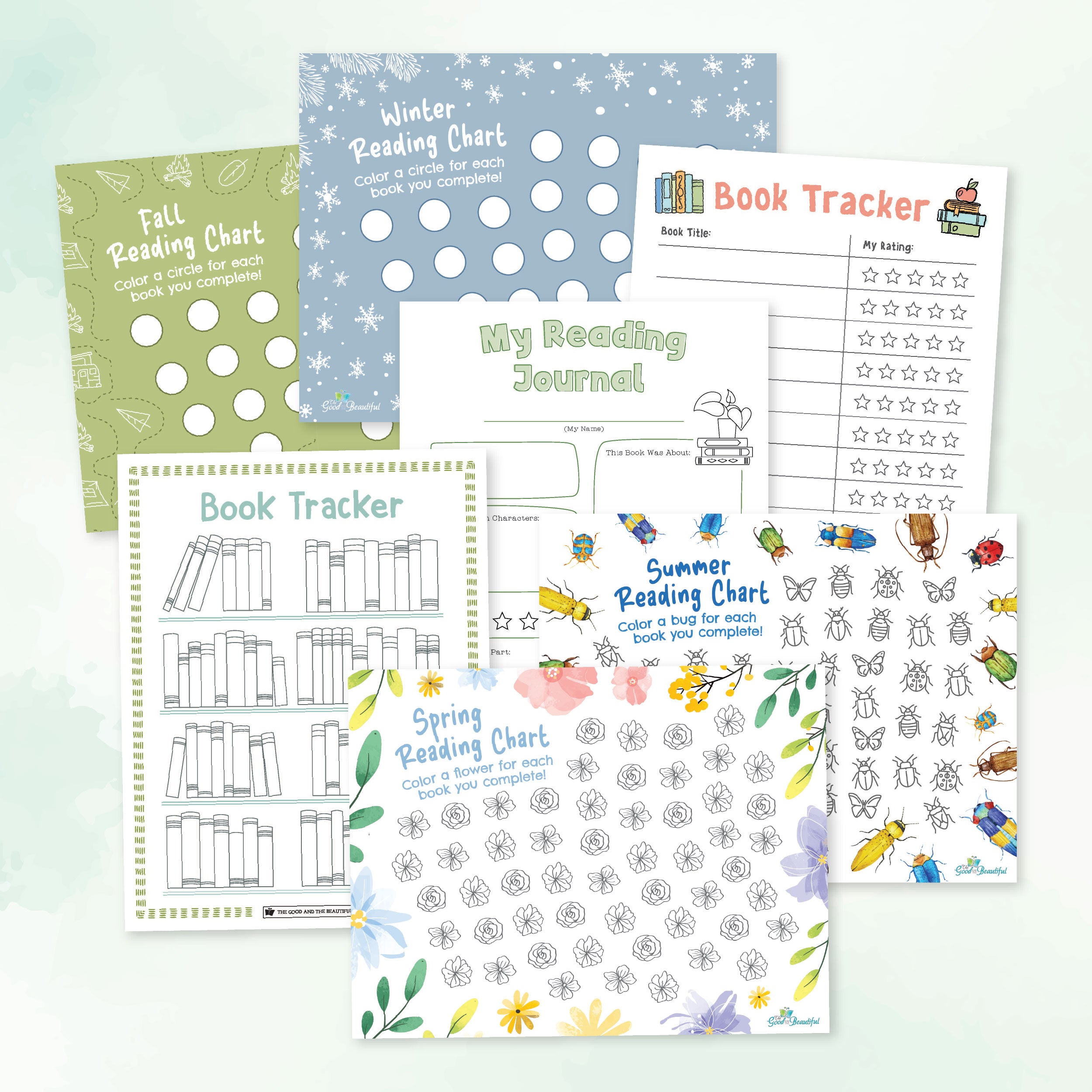 A collage of free printable reading journals, reading trackers, and seasonal reading charts | The Good and the Beautiful