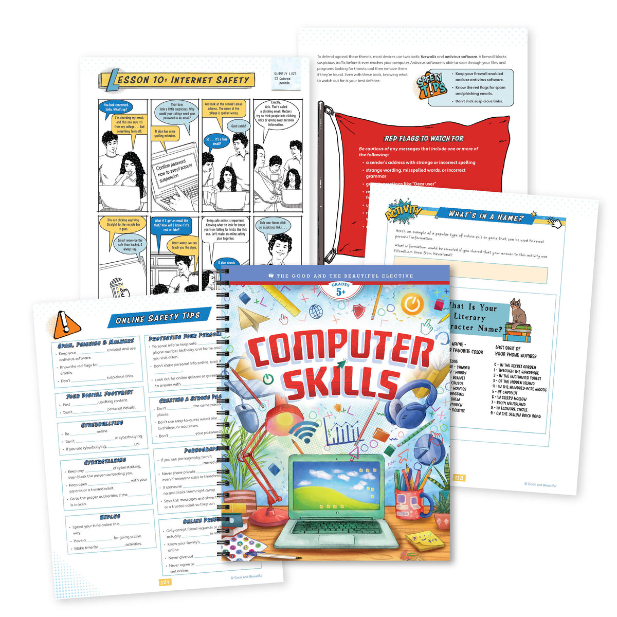 A collage of elective "Computer Skills" cover and sample pages | The Good and the Beautiful