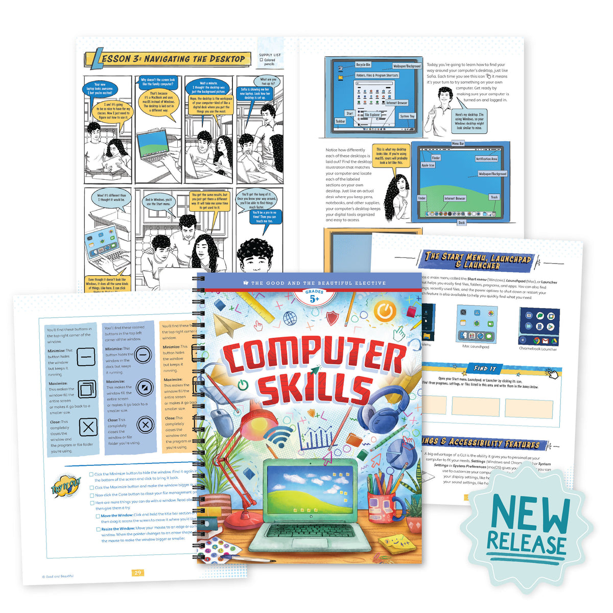 Collage of "Computer Skills" sample pages and a sticker that says "New Release" | The Good and the Beautiful