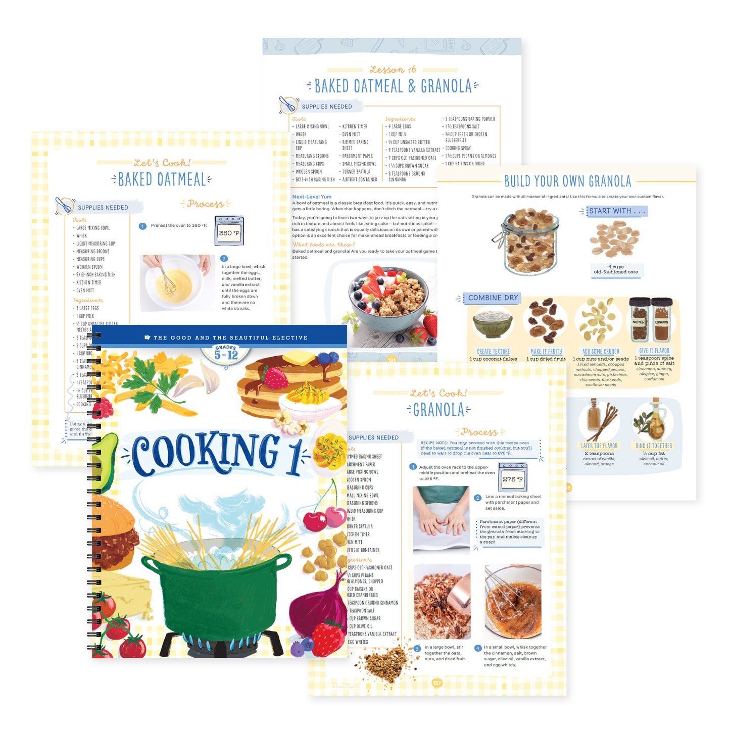 A collage of the Cooking 1 course book and pages from a lesson on oatmeal | The Good and the Beautiful