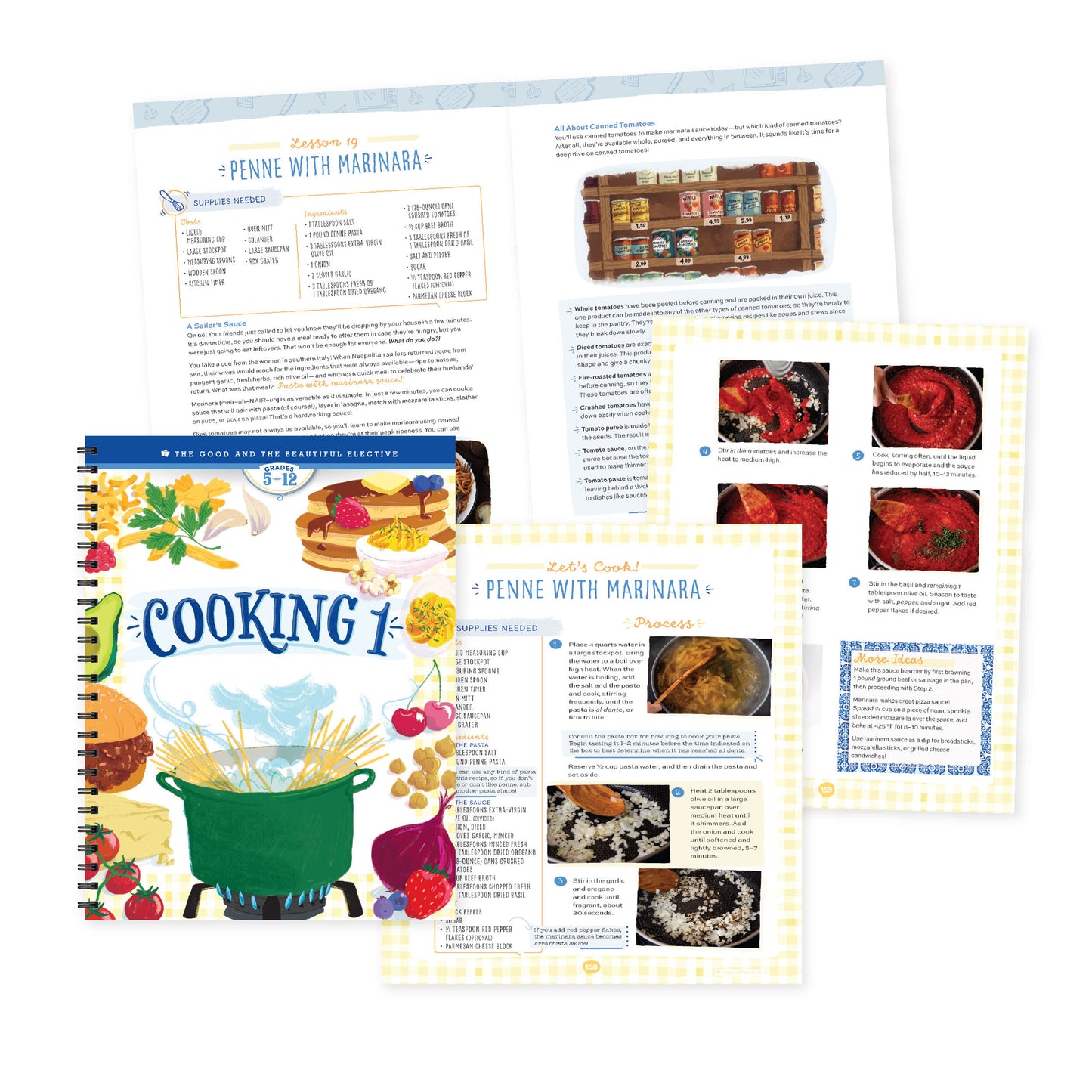 A collage of the Cooking 1 course book with pages from a lesson | The Good and the Beautiful