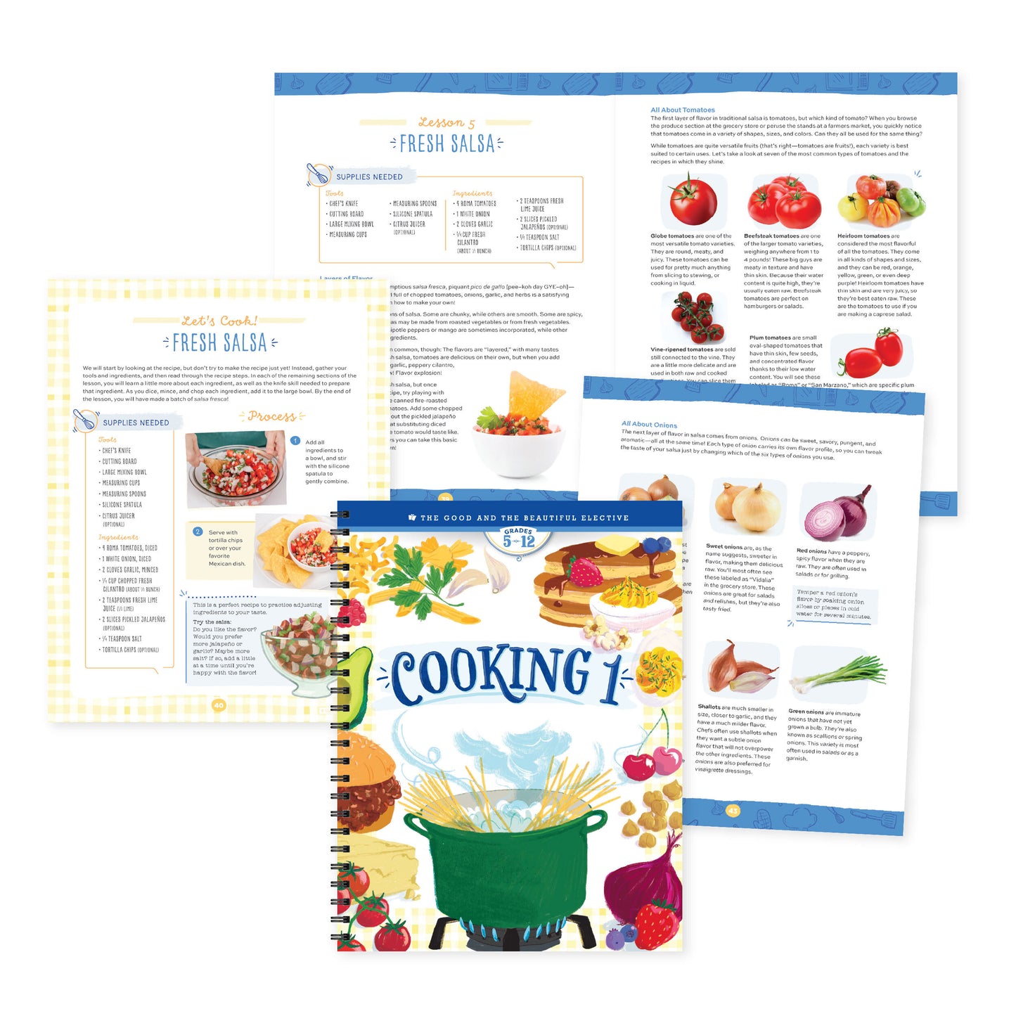 A collage of the Cooking 1 course book with pages from a lesson on salsa | The Good and the Beautiful