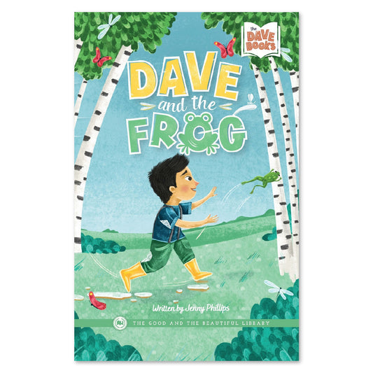 Book cover of 'Dave and the Frog' with a child running towards a frog near birch trees. | The Good and the Beautiful