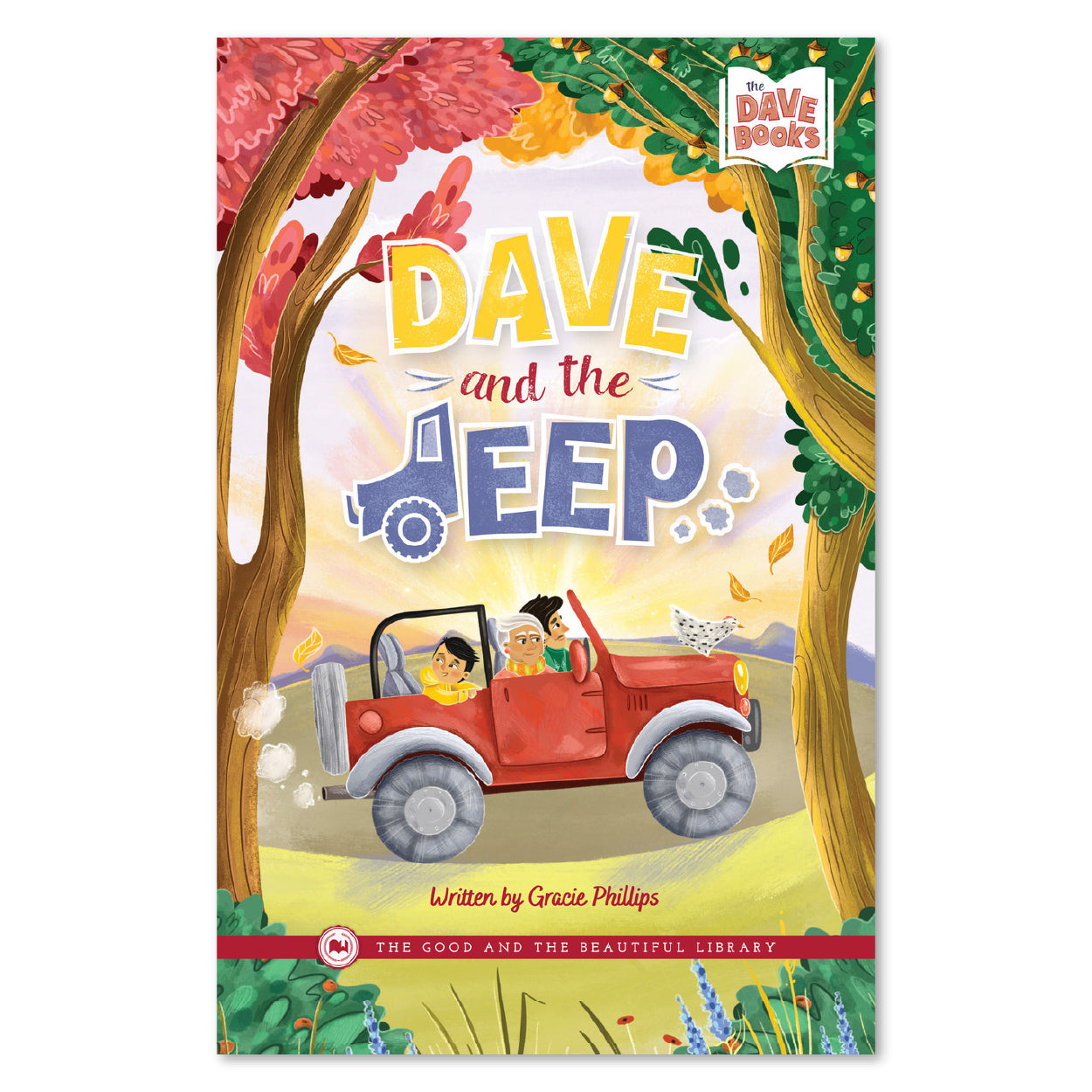 Book cover of 'Dave and the Jeep' with a red jeep, trees, and a clear sky. | The Good and the Beautiful