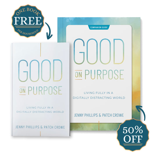 The book "Good on Purpose" and the companion guide with stickers that say "one book free per household" and "50% off" | The Good and the Beautiful