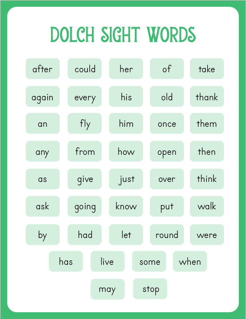 List of Dolch sight words on a green background | The Good and the Beautiful