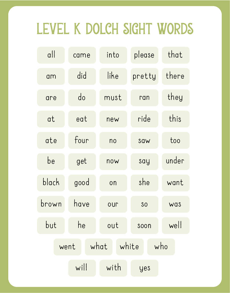 List of Level K Dolch sight words on a white background with a green border  | The Good and the Beautiful