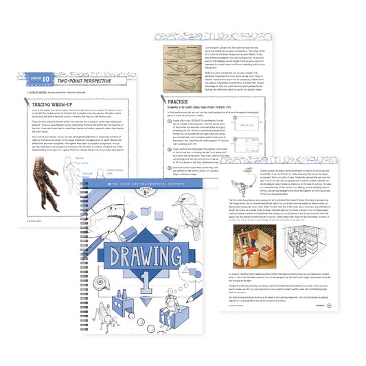 A collage of the cover and lesson 10 pages from the Drawing 1 elective | The Good and the Beautiful