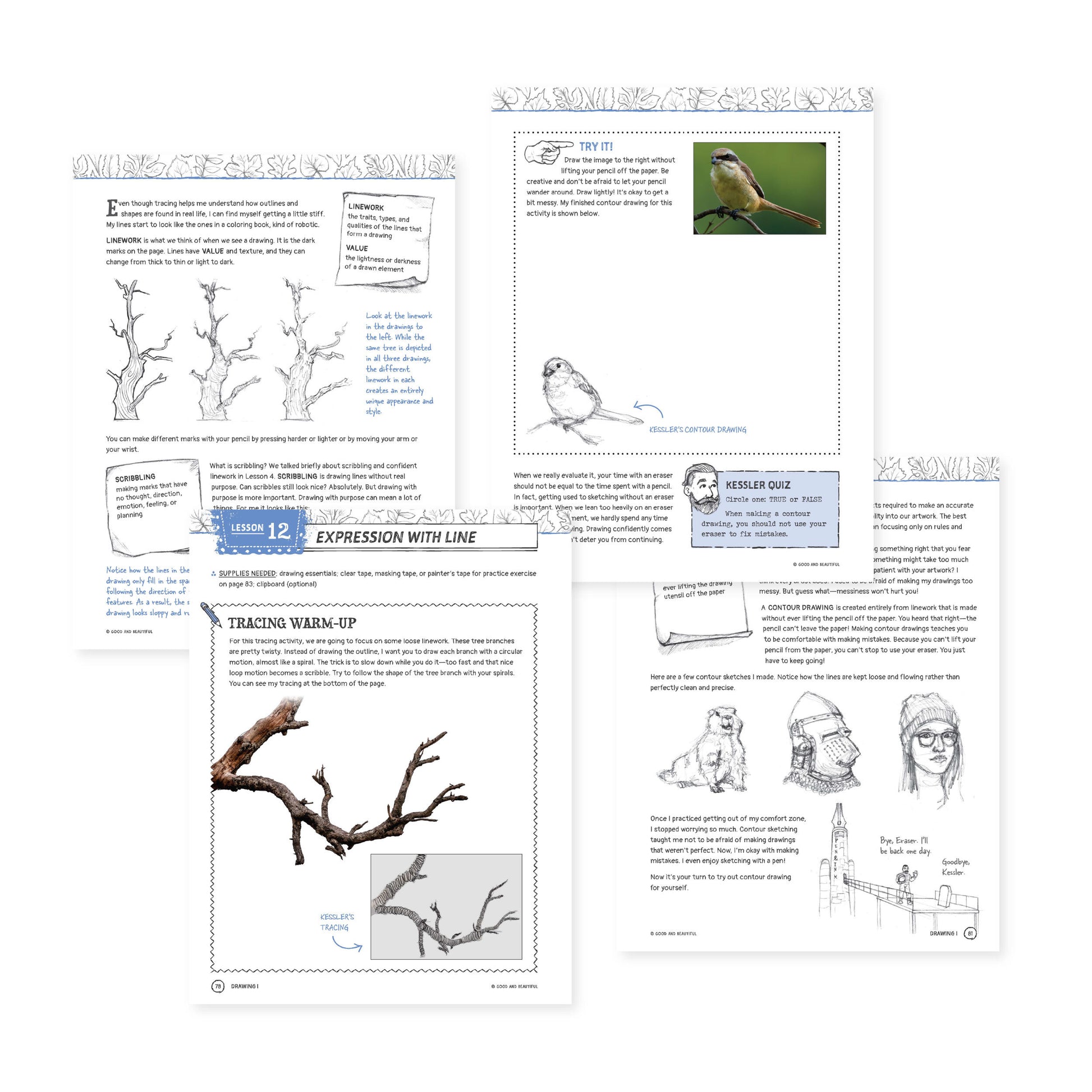 A collage of pages from lesson 12 of the drawing 1 elective | The Good and the Beautiful