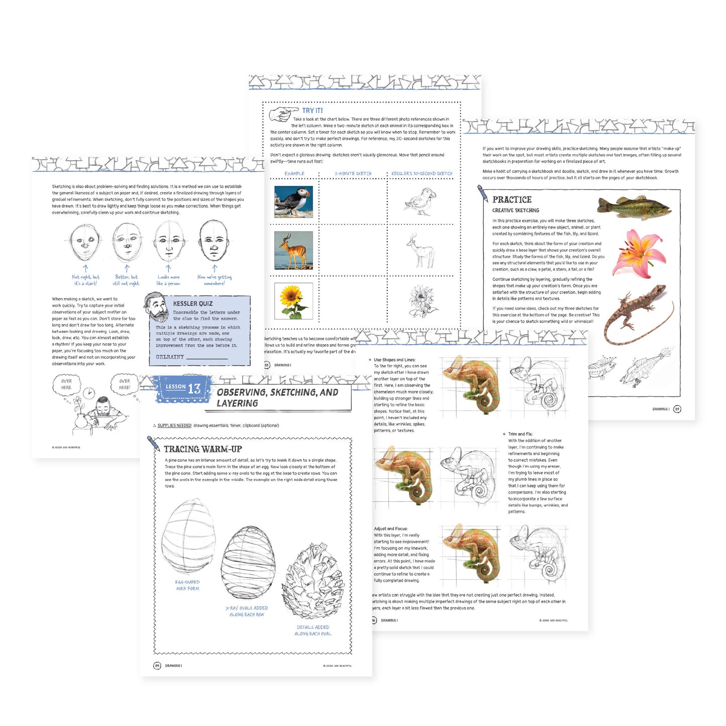 A collage of pages from lesson 13 of the drawing 1 elective | The Good and the Beautiful