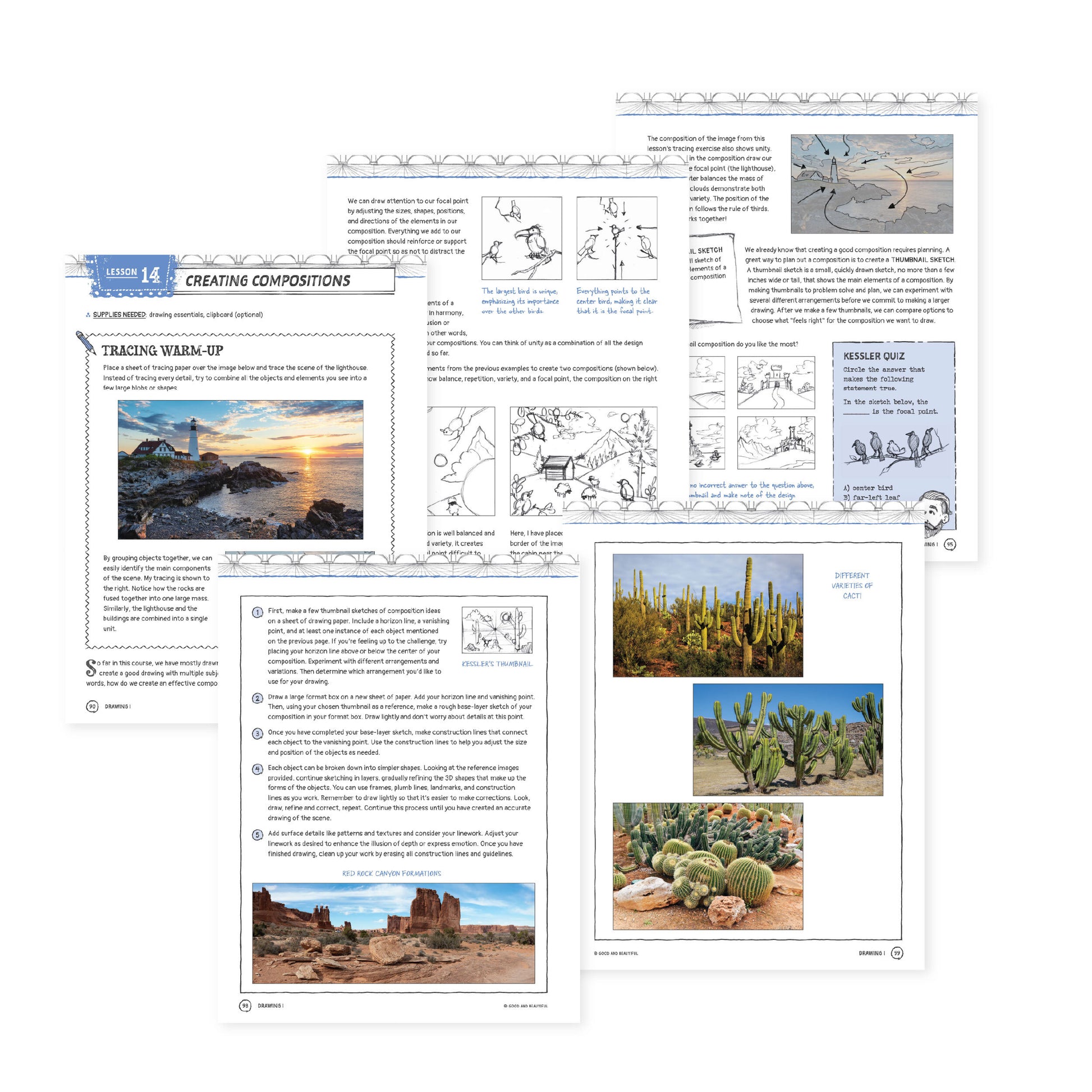 A collage of pages from lesson 14 of the drawing 1 elective course | The Good and the Beautiful