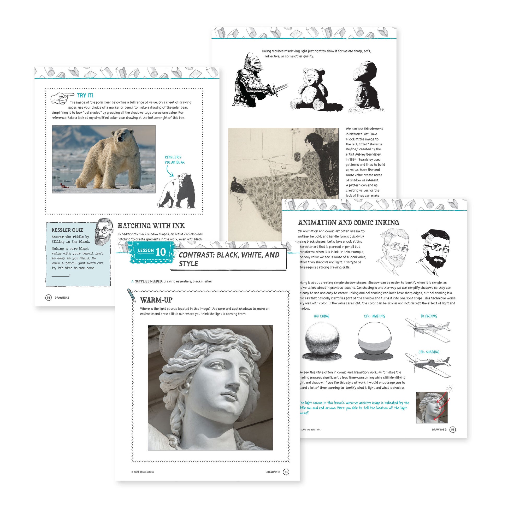 A collage of four sample pages from Drawing 2 | The Good and the Beautiful