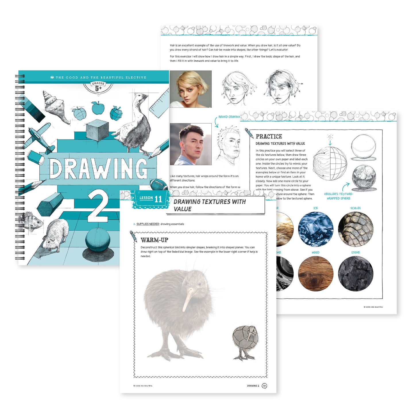 A collage of the cover of Drawing 2 and sample pages | The Good and the Beautiful