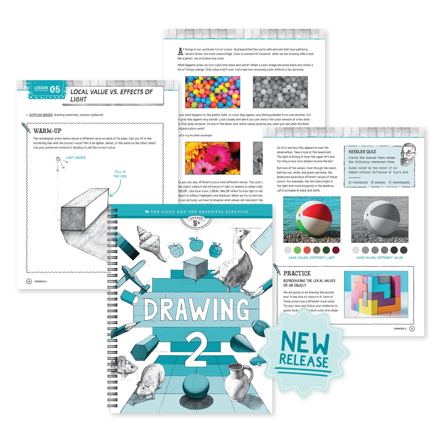 A collage of the Drawing 2 course cover and sample pages with "new release" sticker | The Good and the Beautiful
