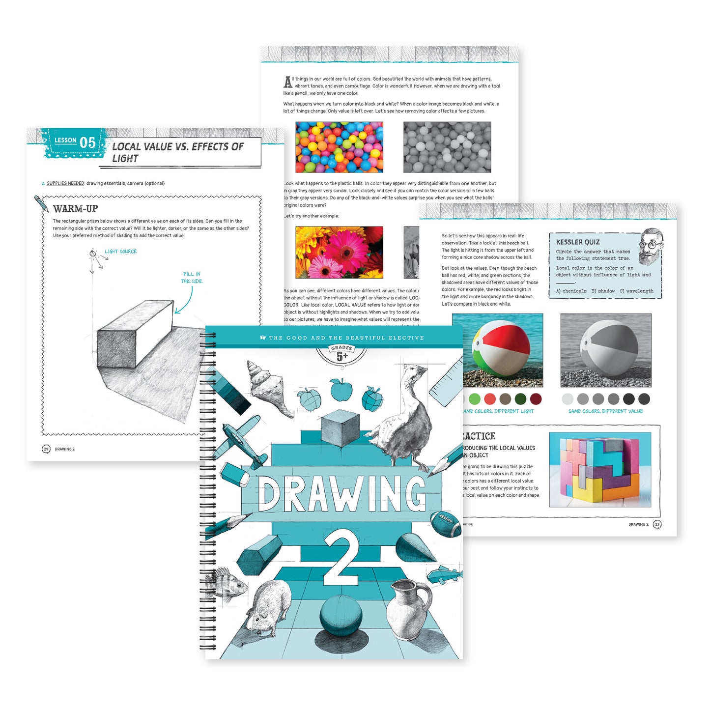 The Drawing 2 elective course cover with three sample pages | The Good and the Beautiful