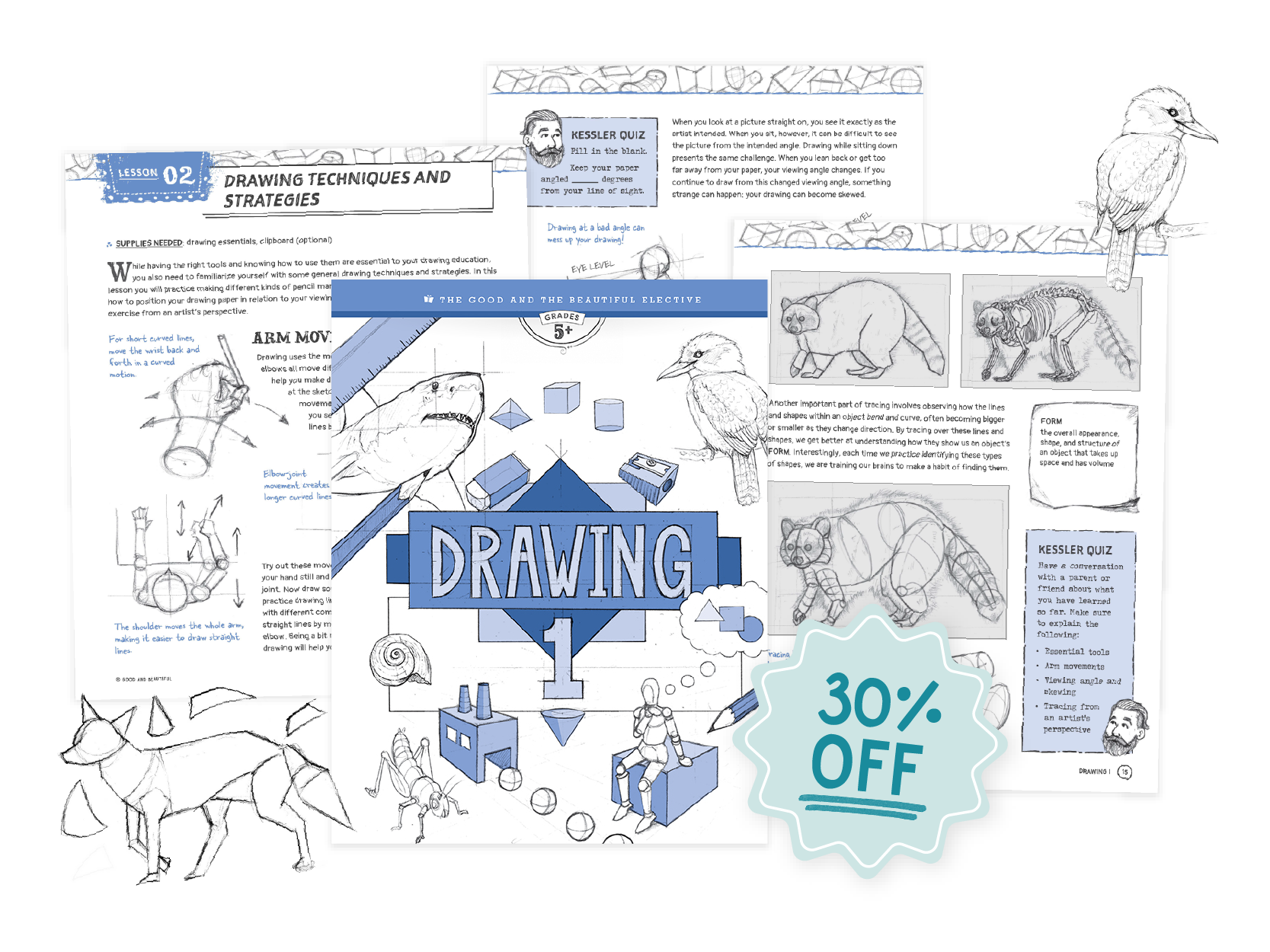 A collage of the Drawing 1 elective and pages from lesson 2 with a 30% off sticker | The Good and the Beautiful