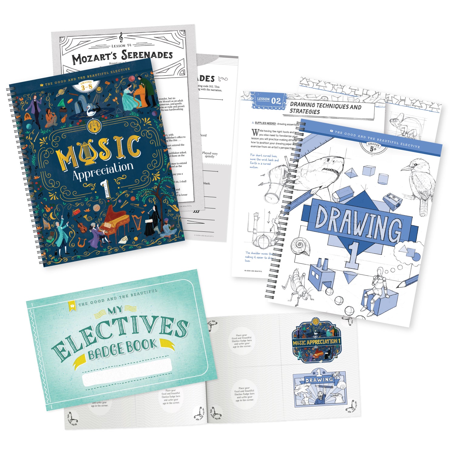A collage of the elective books including Music Appreciation 1, Drawing 1, and My Electives Badge Book | The Good and the Beautiful