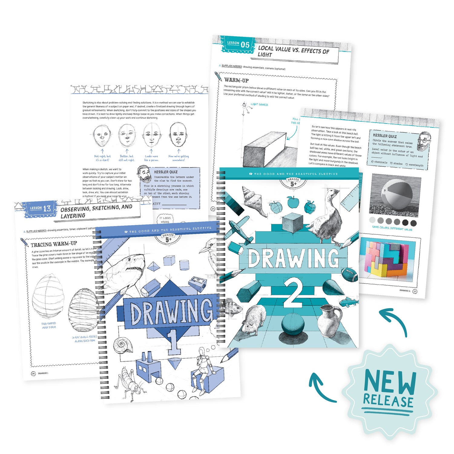 A collage of the drawing 1 and 2 course books with sample pages and a sticker that says "New Release" | The Good and the Beautiful