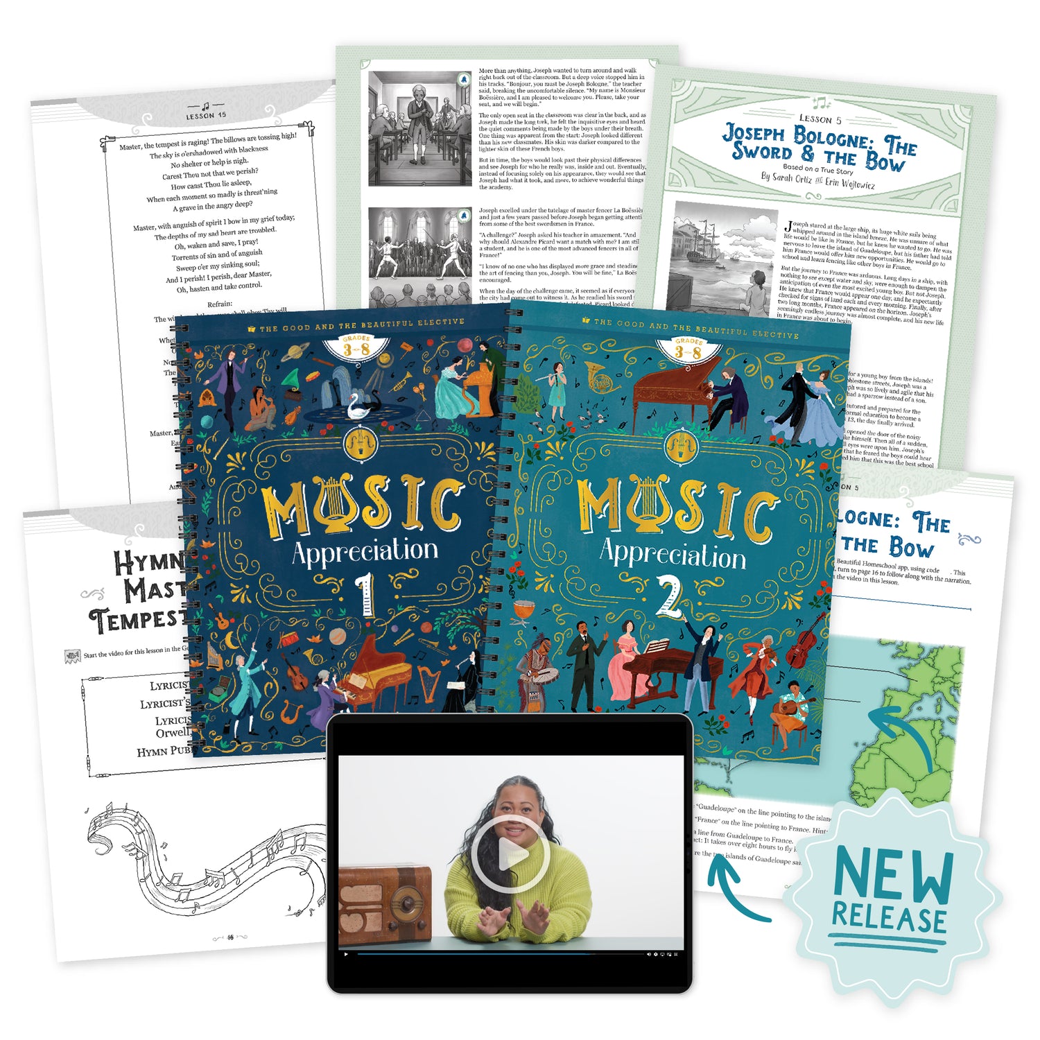 A collage of the music appreciation 1 and 2 course books with sample pages and a sticker that says "New Release" | The Good and the Beautiful