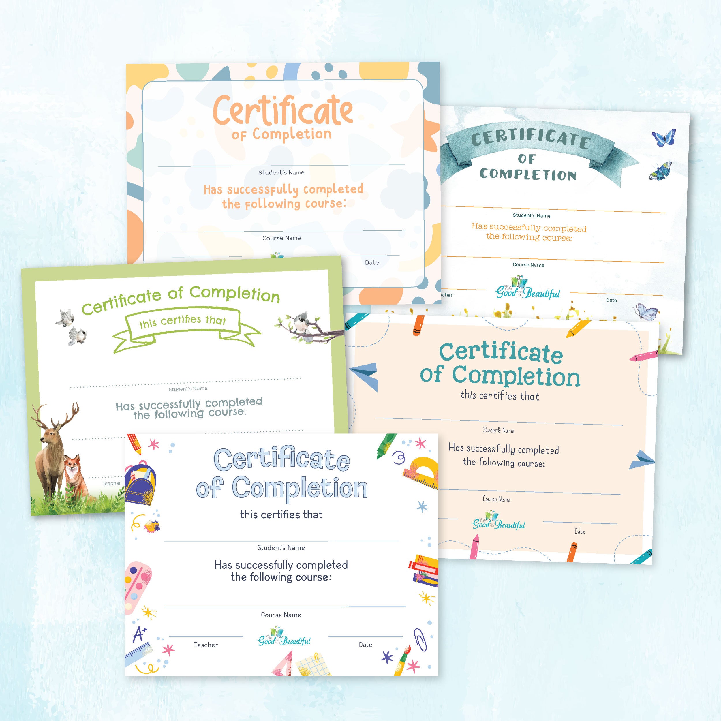 A collage of completion certificate samples | The Good and the Beautiful
