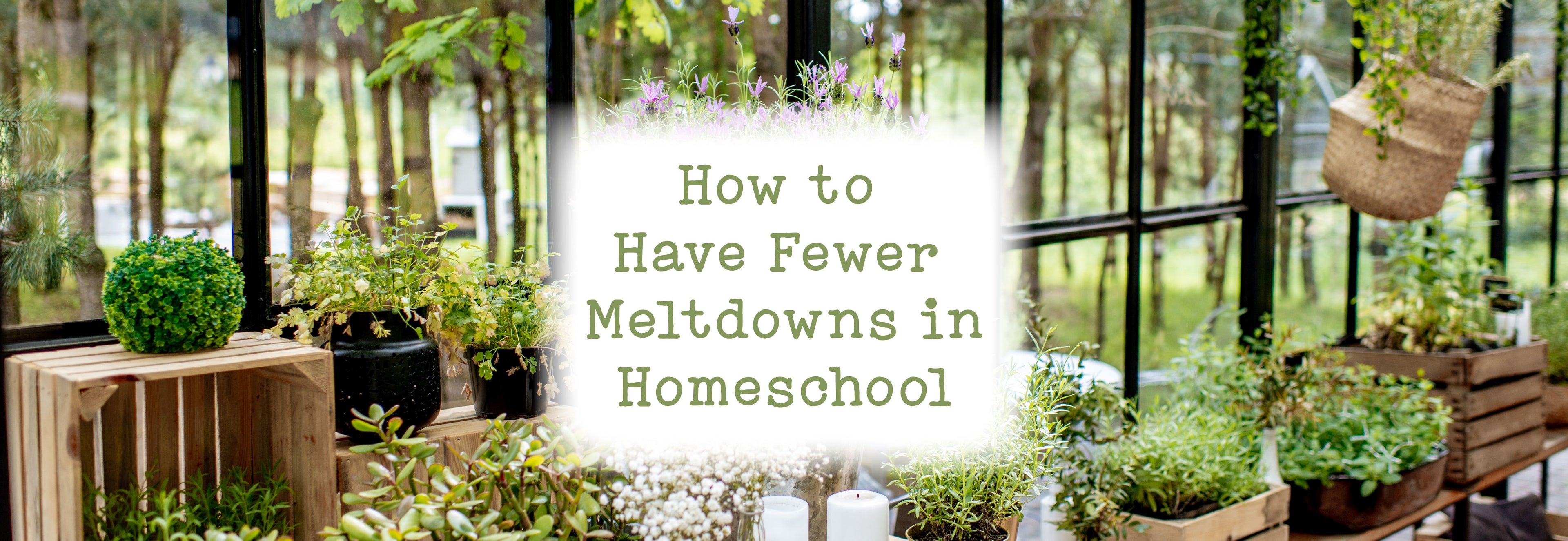 A greenhouse with plants and black trimmed windows with the text "How to Have Fewer Meltdowns in Homeschool" | The Good and the Beautiful