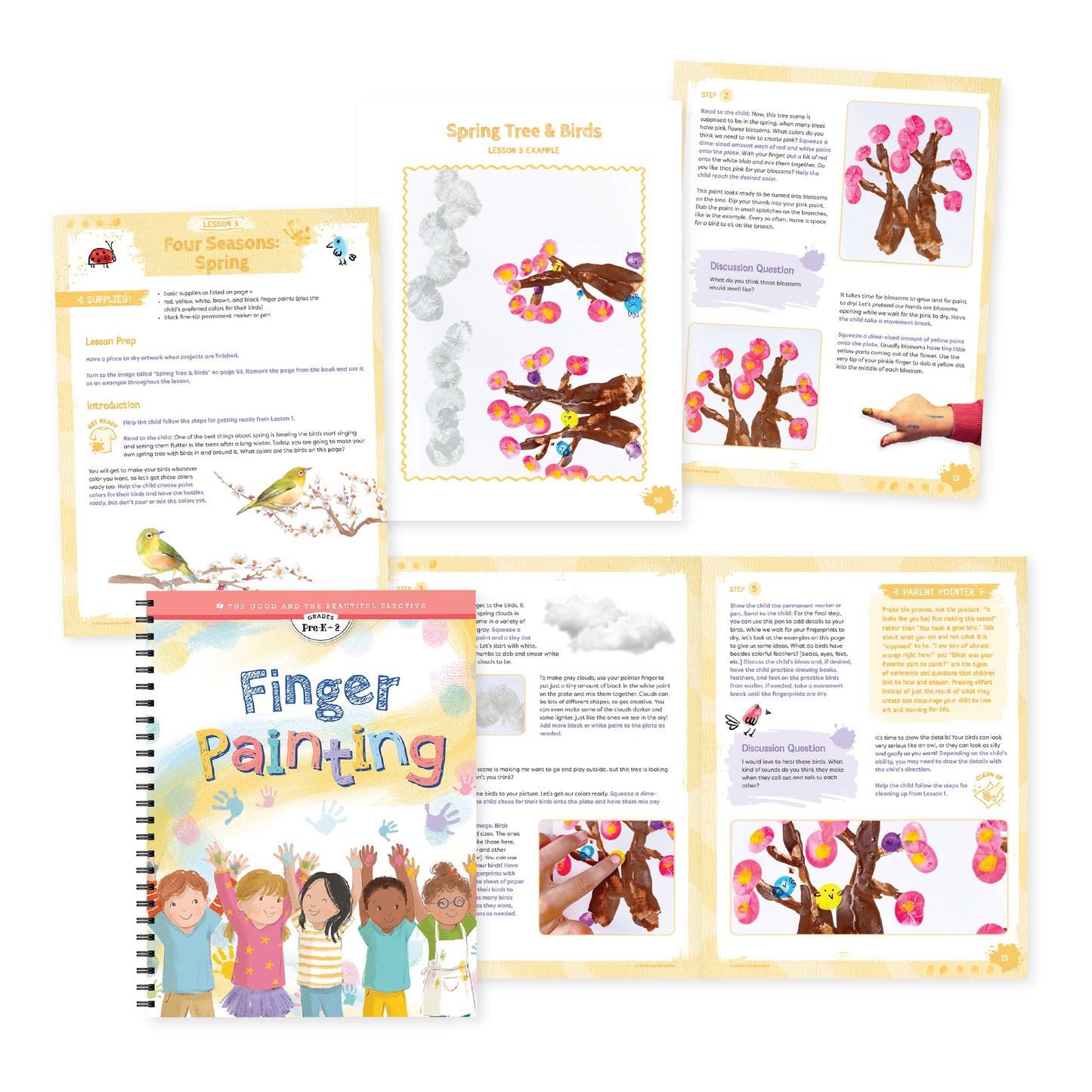 A collage of the Finger Painting course book cover along with pages from a spring lesson | The Good and the Beautiful