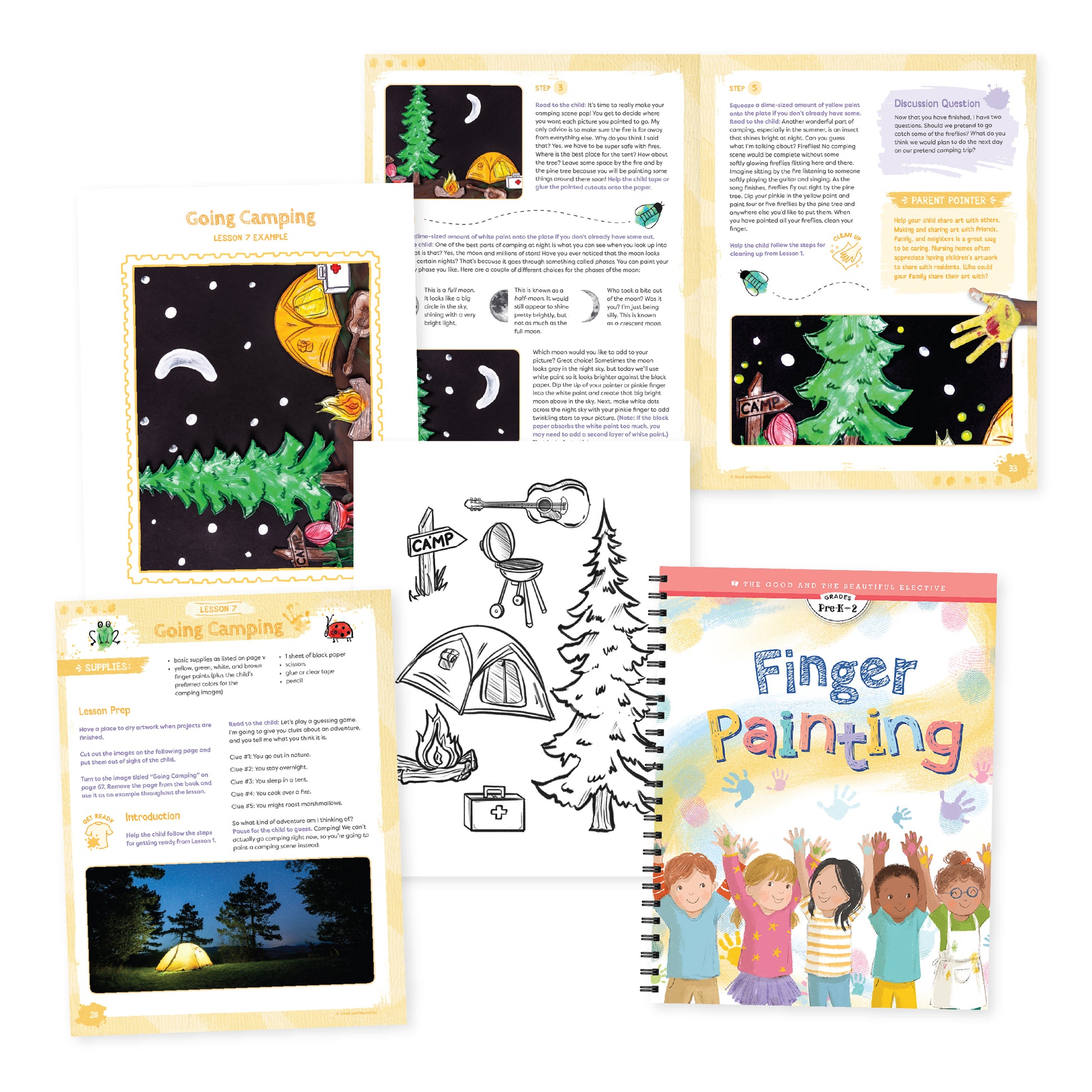 A collage of the Finger Painting course book cover with pages from a camping lesson | The Good and the Beautiful