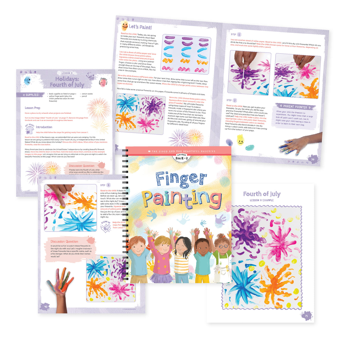 A collage of the Finger Painting course with pages from a lesson | The Good and the Beautiful