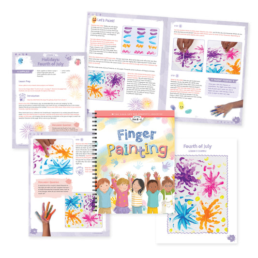 A collage of the Finger Painting course with pages from a lesson | The Good and the Beautiful
