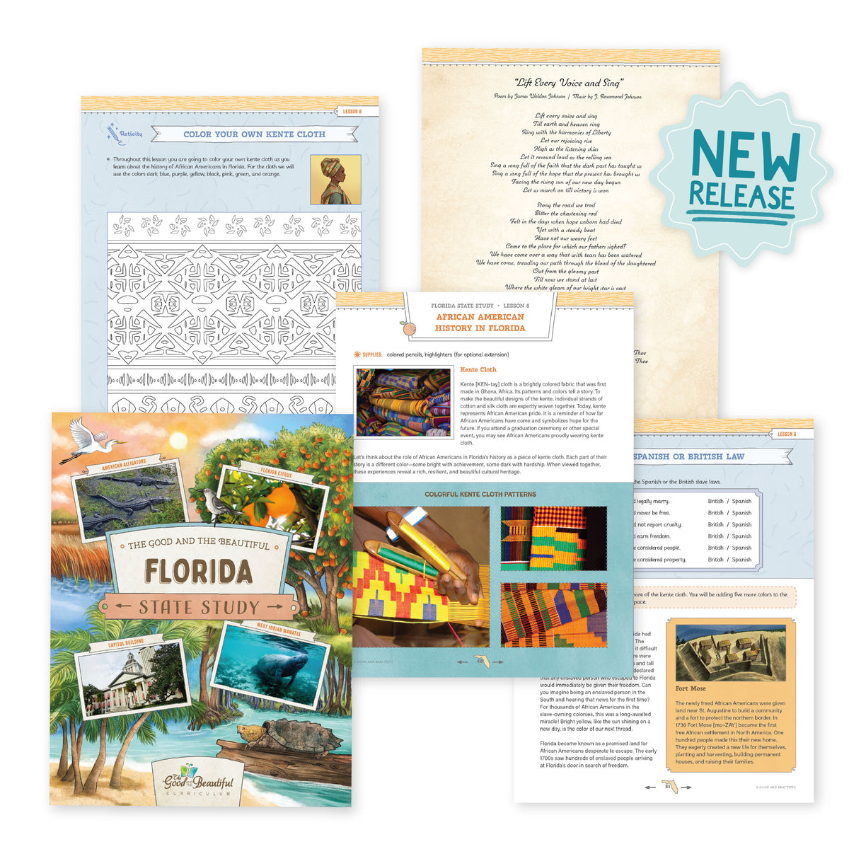 A collage of the Florida State Study course book and sample pages with a "New Release" sticker | The Good and the Beautiful