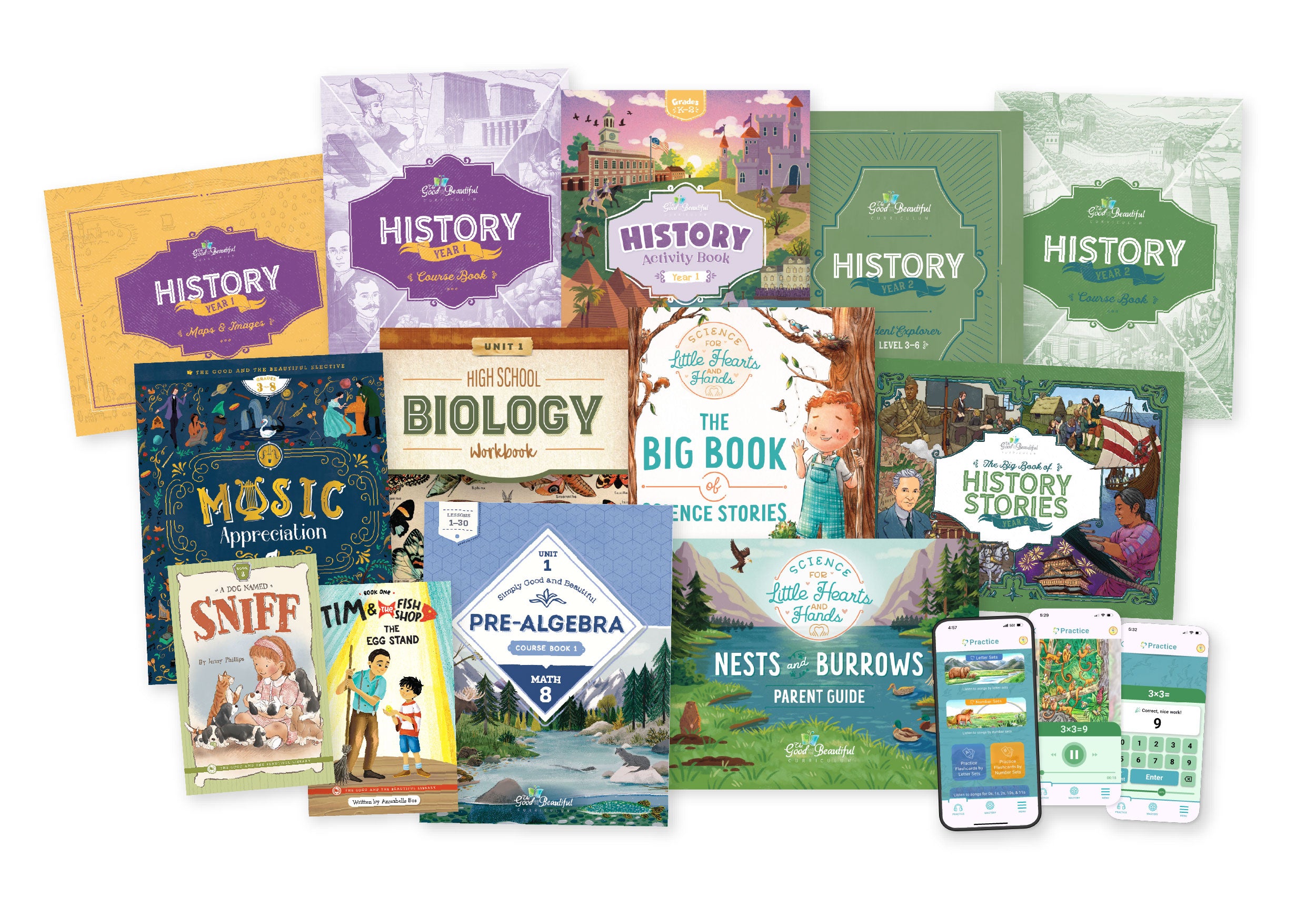Collage of a variety of curriculum book covers including history, science, math, and language arts | The Good and the Beautiful