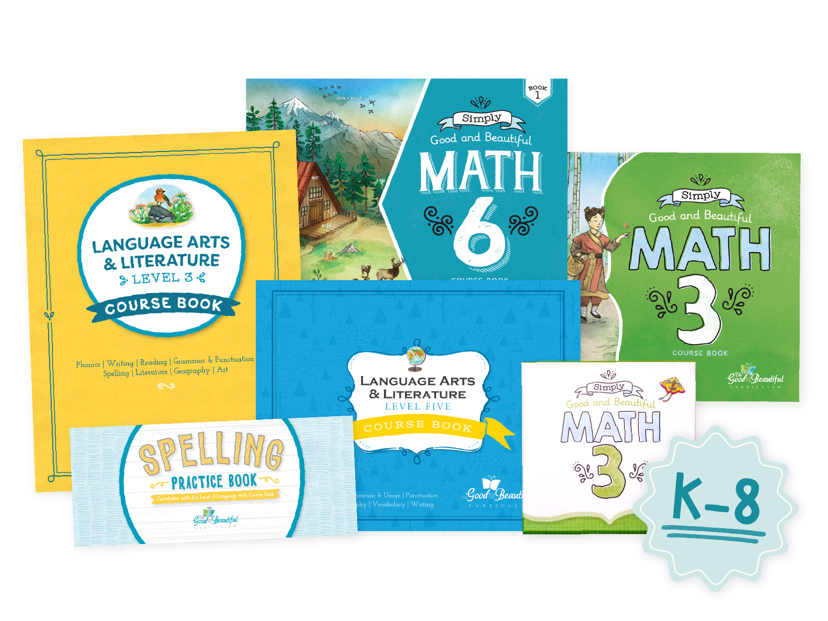 A collage of various math and language arts course books with a K-8 sticker | The Good and the Beautiful