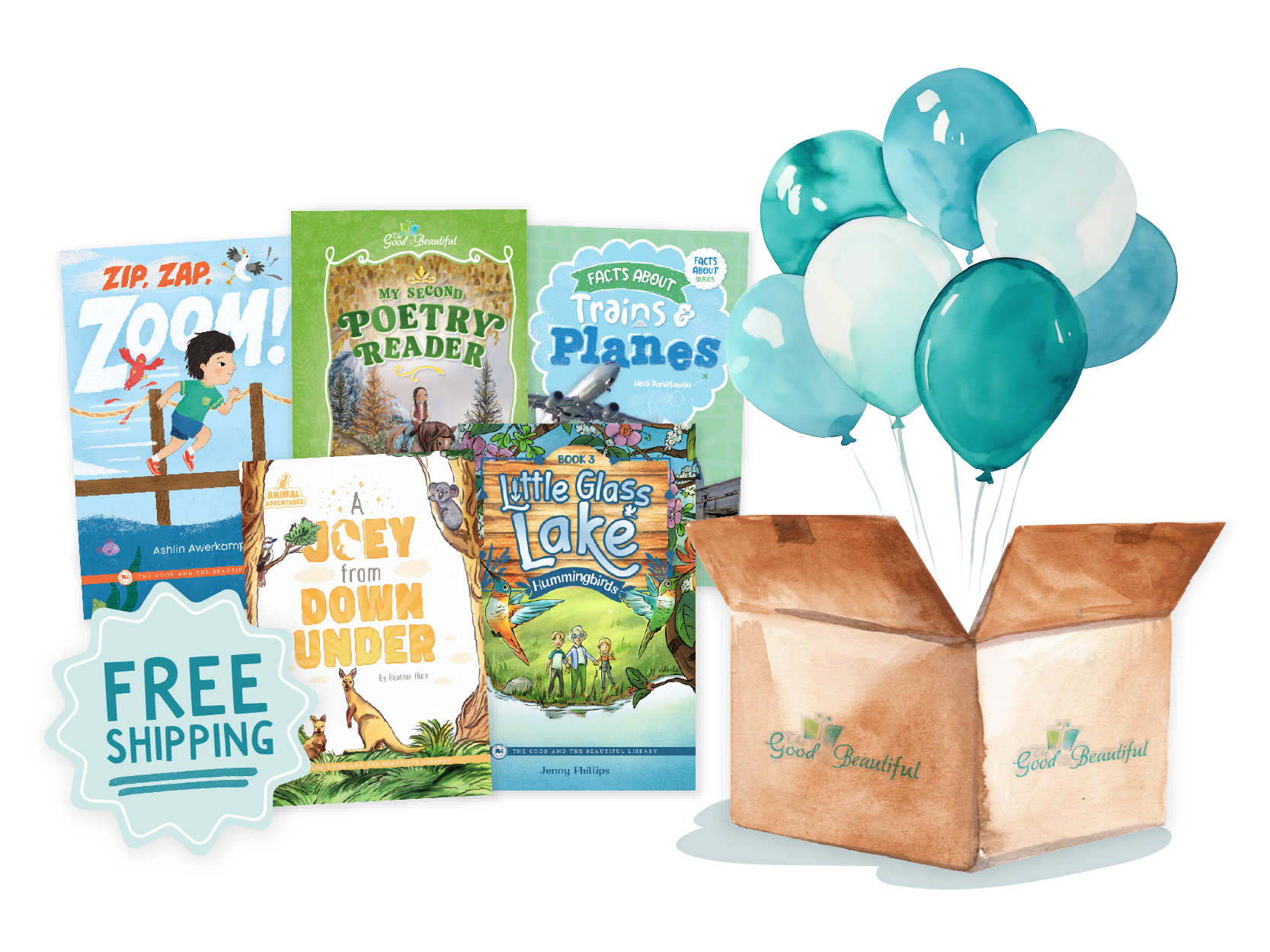An illustrated brown box with ballons coming out of it with five books covers in a collage next to the box and a free shipping sticker on the bottom | The Good and the Beautiful