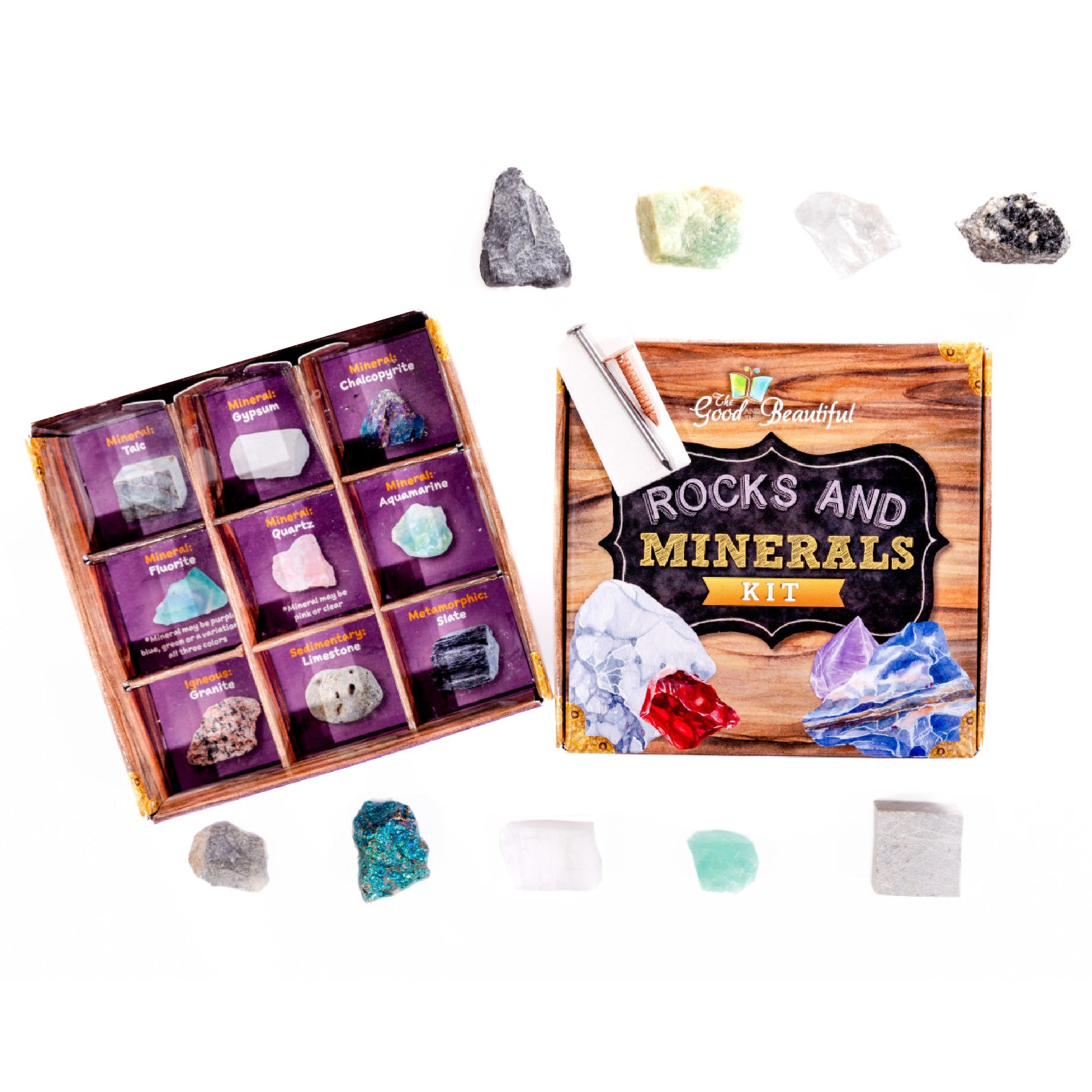 The Rocks and Minerals Kit with a display of the nine rocks and minerals that come in the kit | The Good and the Beautiful
