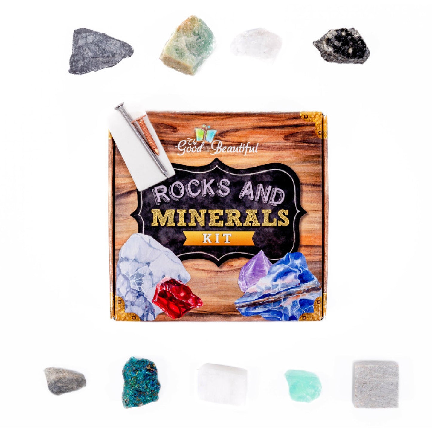 The Rocks and Minerals Kit surrounded by the rocks and minerals that come inside the kit | The Good and the Beautiful