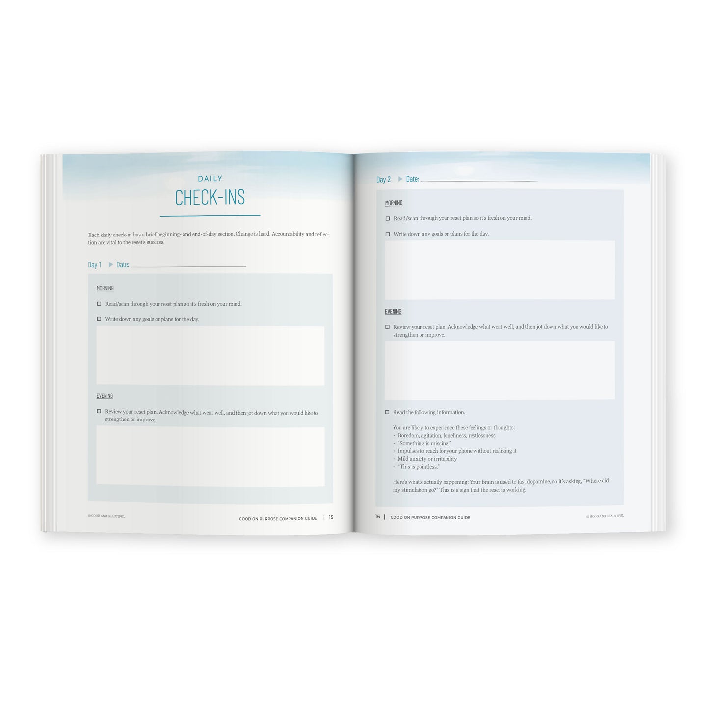 An open flatlay of the "Check-ins" page from the book "Good on Purpose" | The Good and the Beautiful