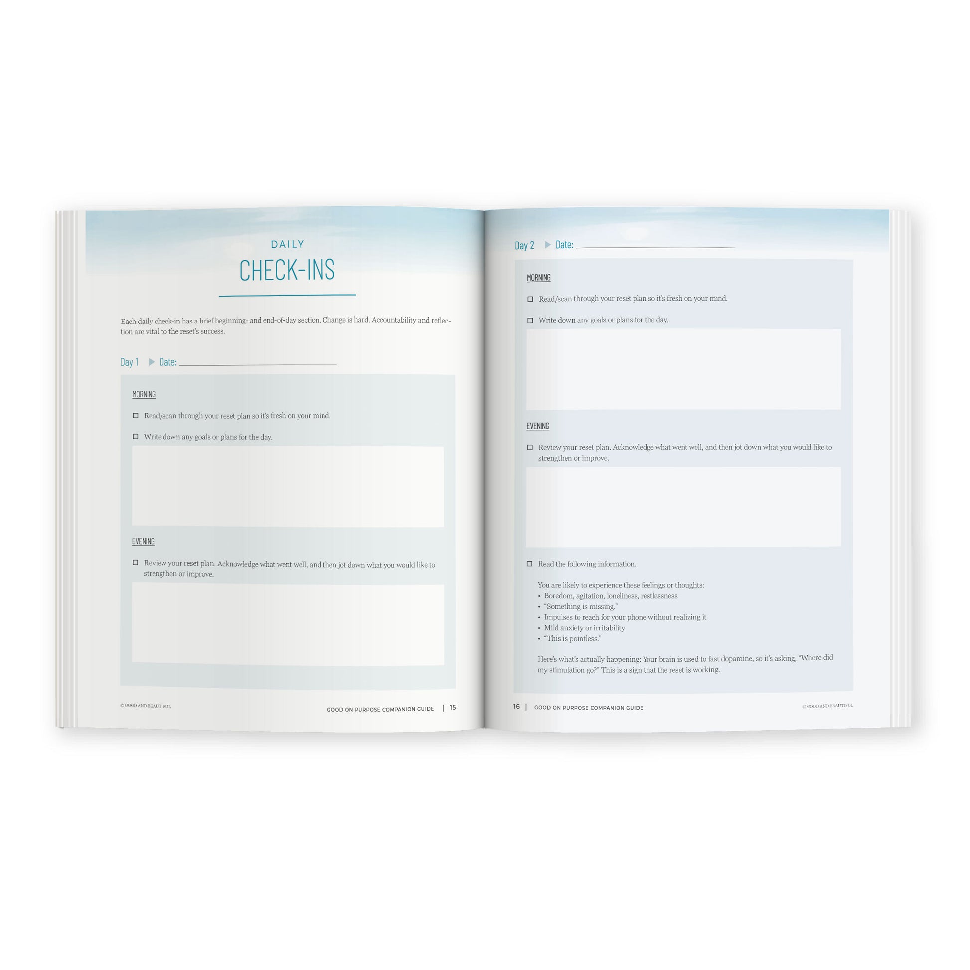 An open flatlay of the "Check-ins" page from the book "Good on Purpose" | The Good and the Beautiful