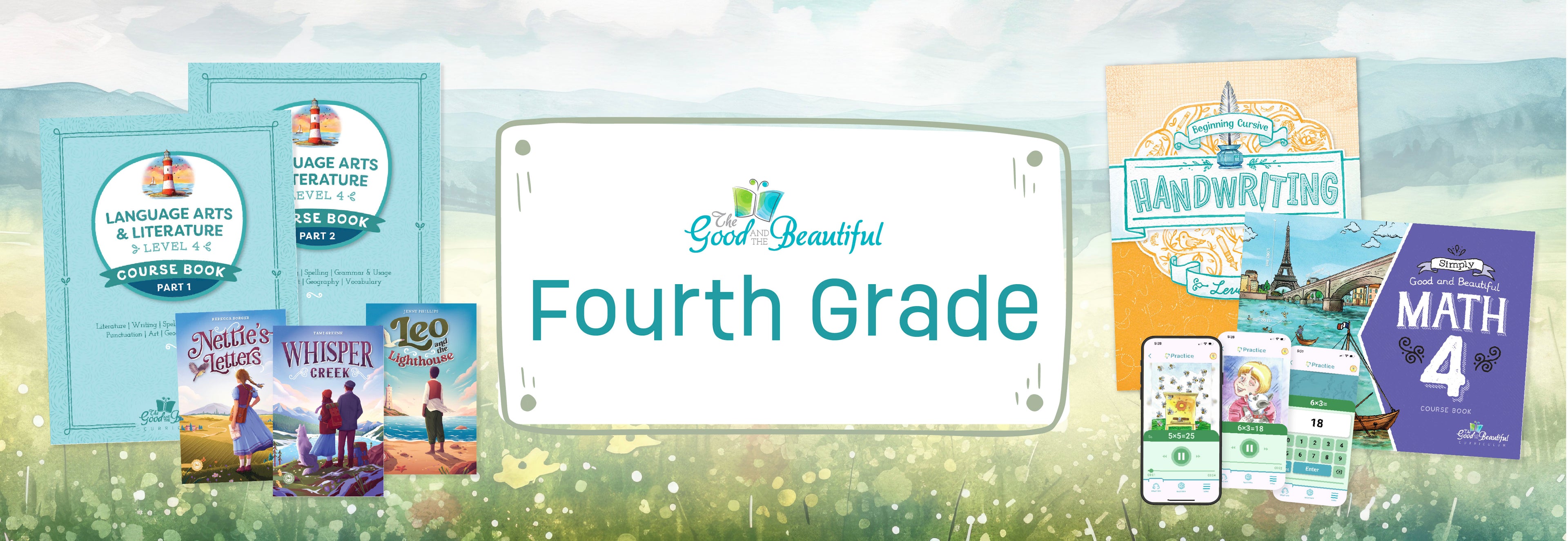 A banner with two collages of the level four language arts, math, and handwriting course covers with the text "Fourth Grade" | The Good and the Beautiful