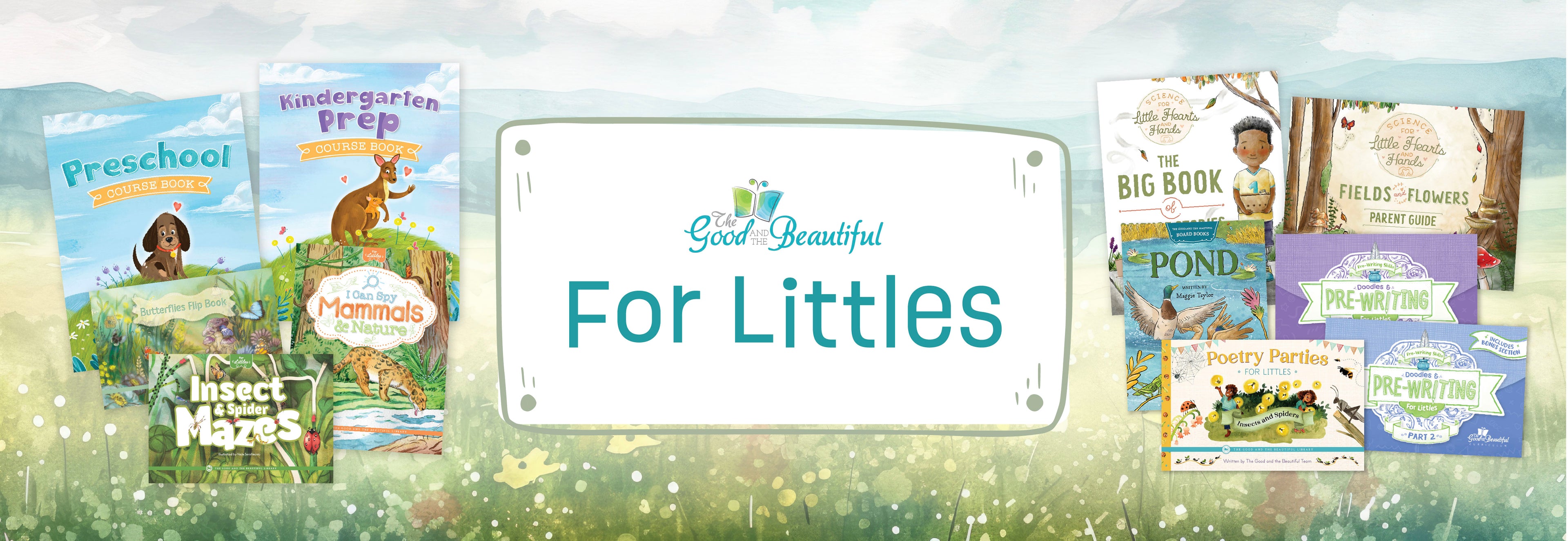 Two collages of curriculum book covers for littles with flowers and a blue cloudy sky in the background | The Good and the Beautiful