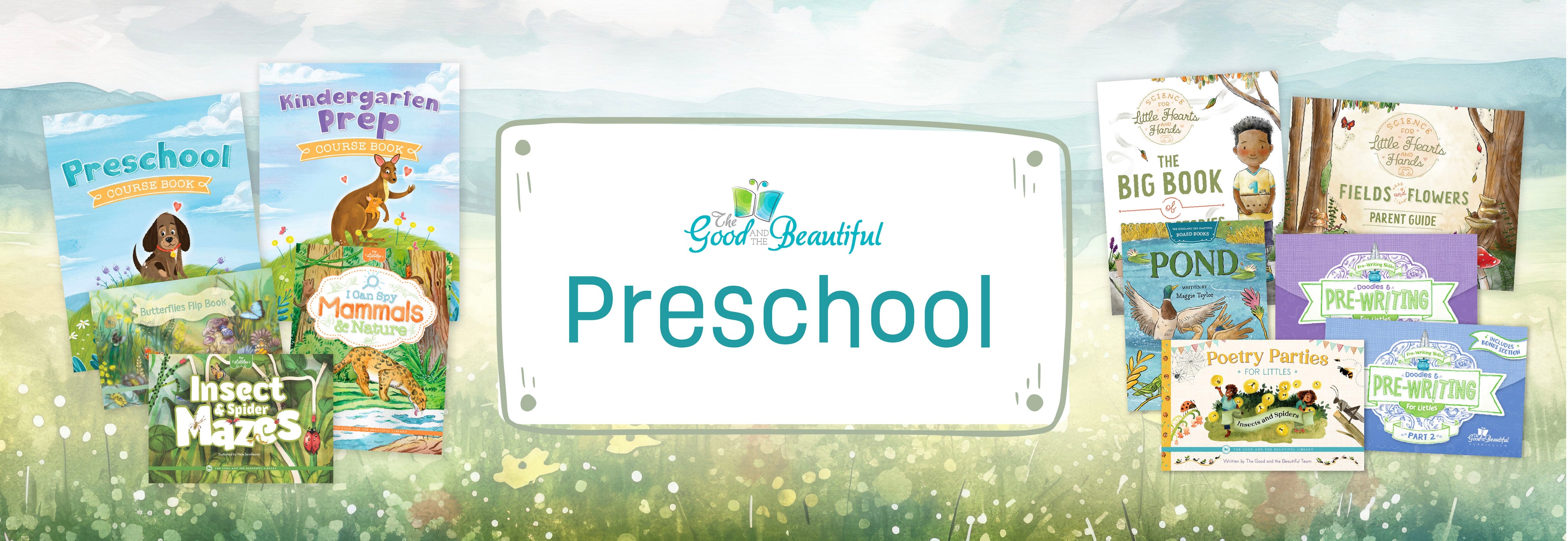 A banner with the text "Preschool" and two collages of preschool course materials | The Good and the Beautiful