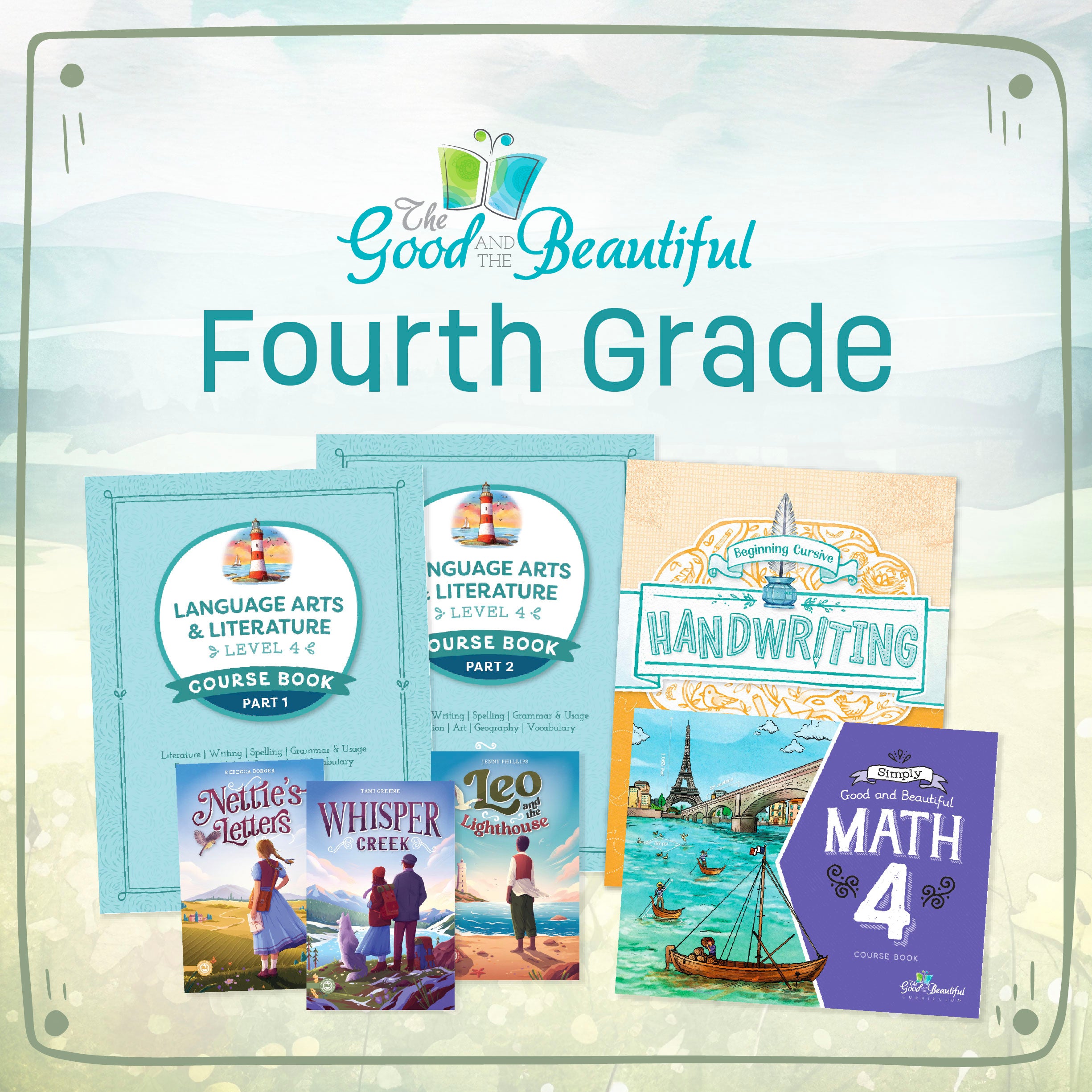 A collage of the level four language arts, math, and handwriting course book covers with the text "Fourth Grade" | The Good and the Beautiful