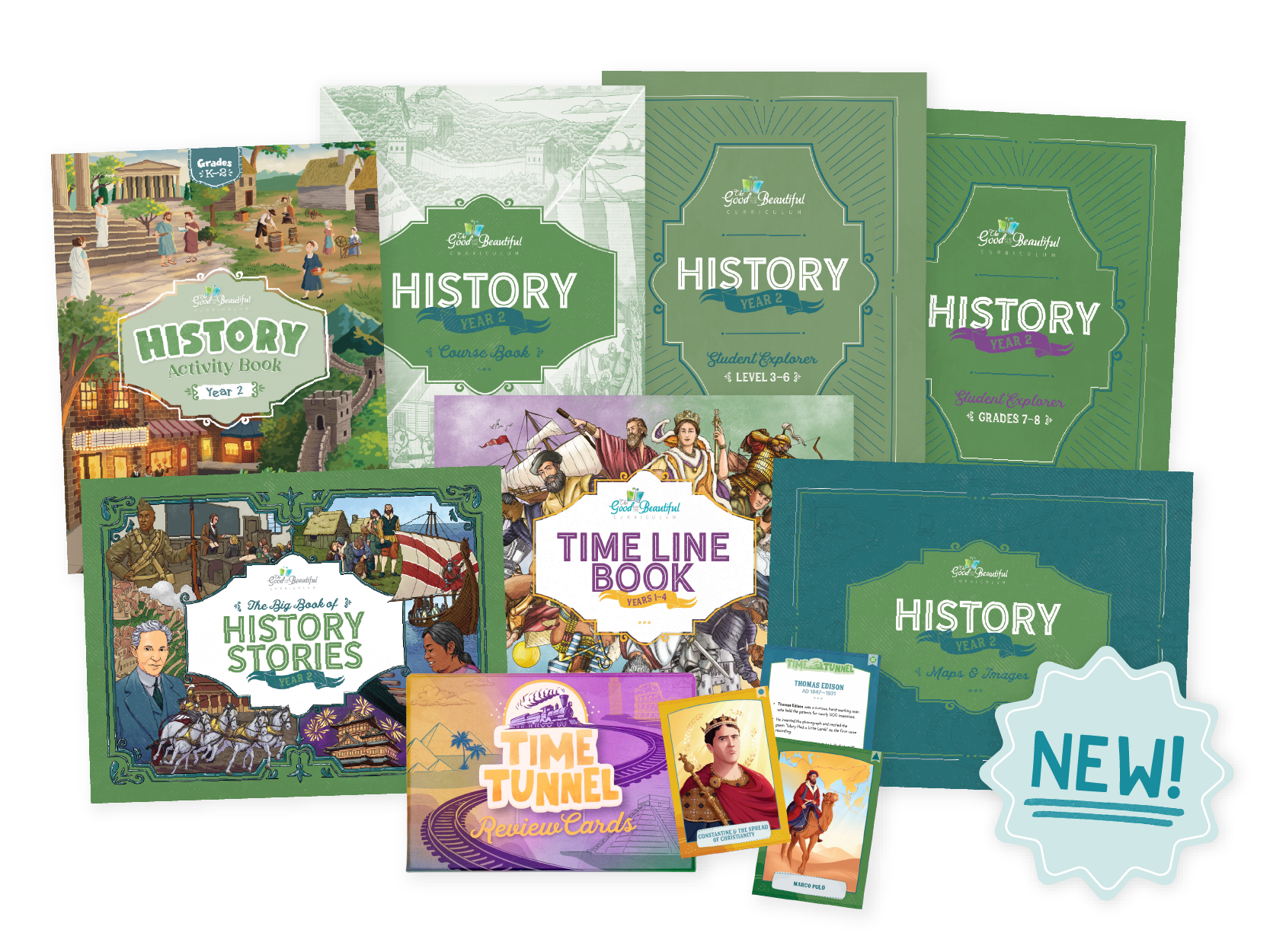 A collage of the new history year 2 curriculum book covers | The Good and the Beautiful