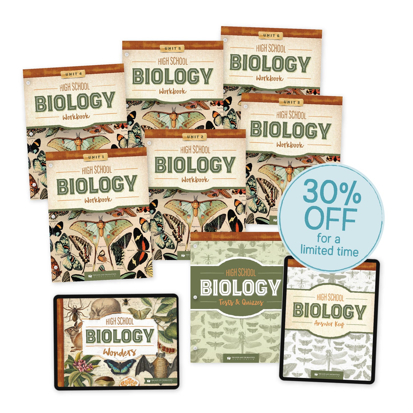 A collage of the Highschool Biology unit books with the sticker 30% off for a limited time | The Good and the Beautiful