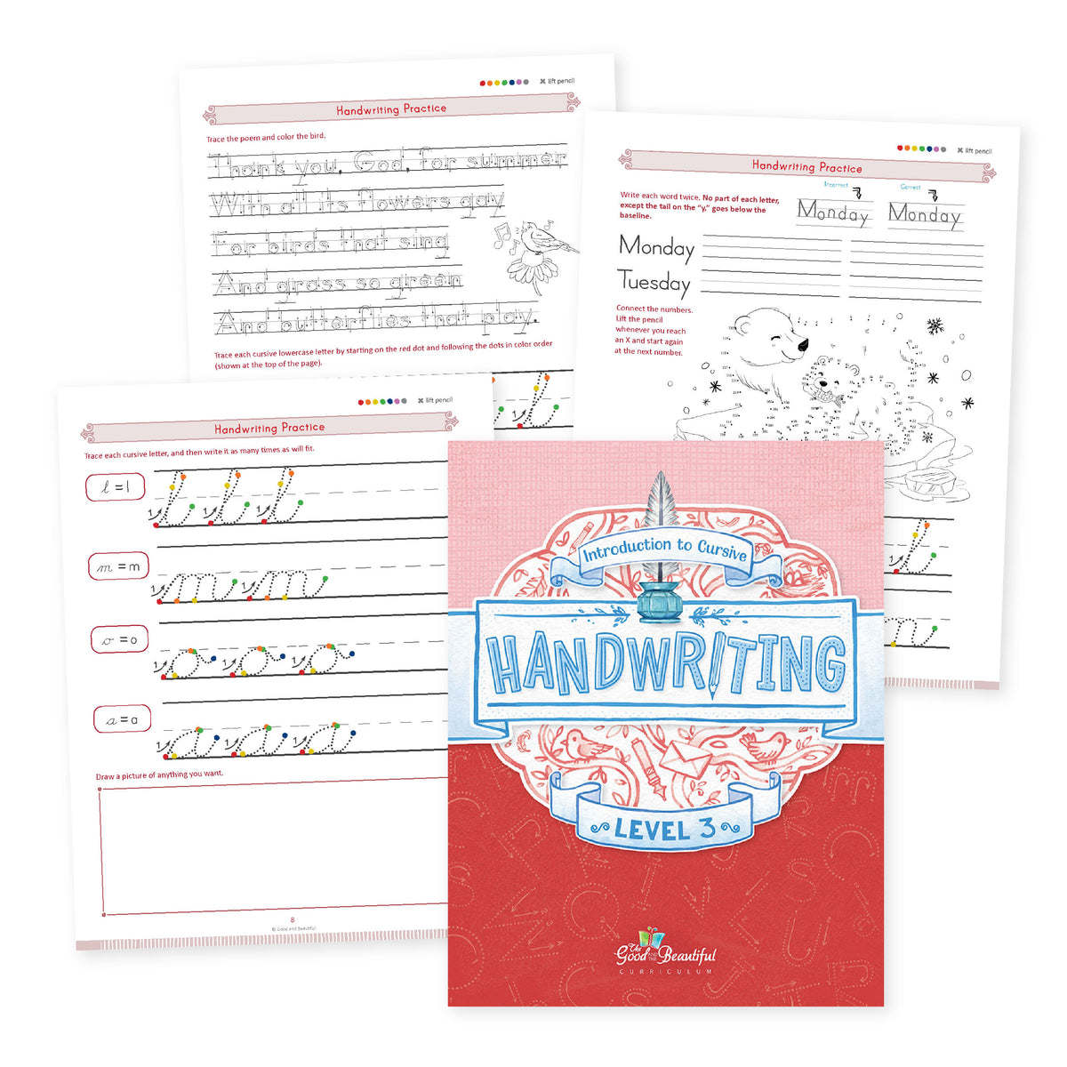 A collage of Handwriting level 3 course book and sample pages | The Good and the Beautiful