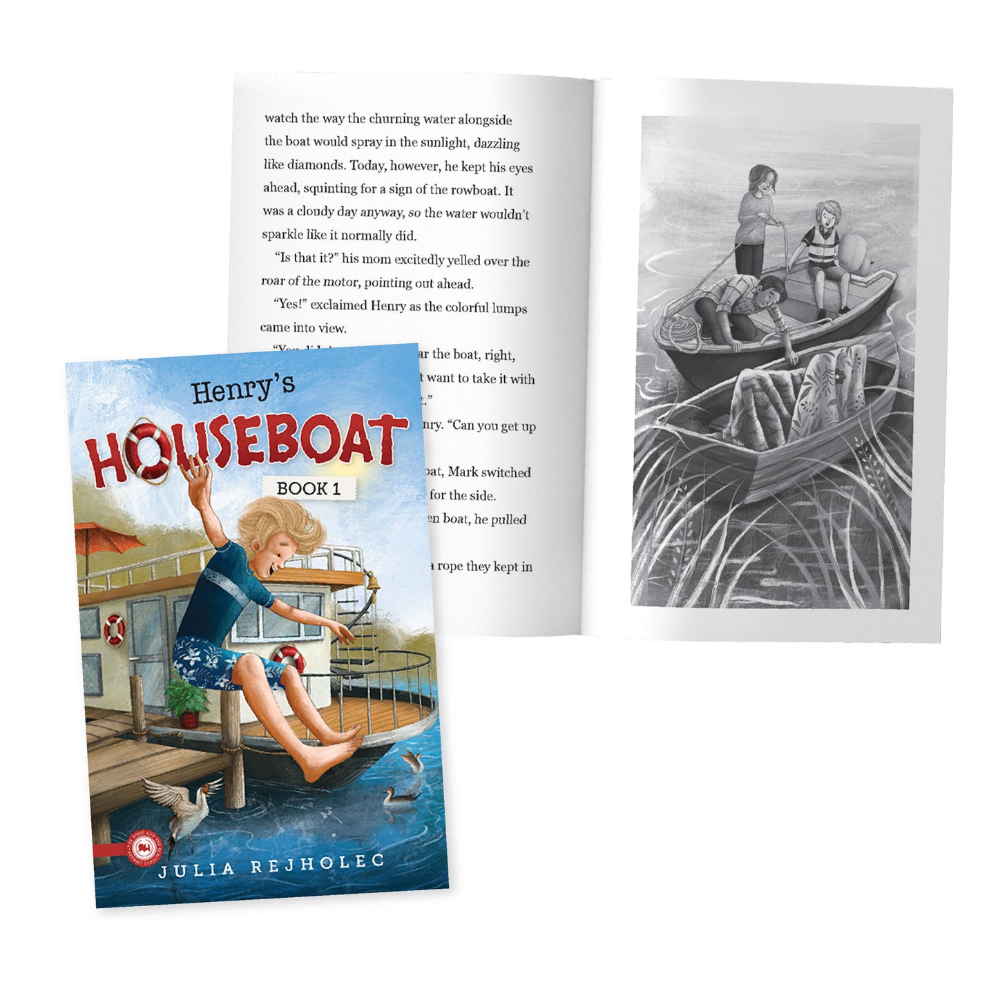 The cover of "Henry's Houseboat" book one by Julia Rejholec and a preview of inside pages | The Good and the Beautiful