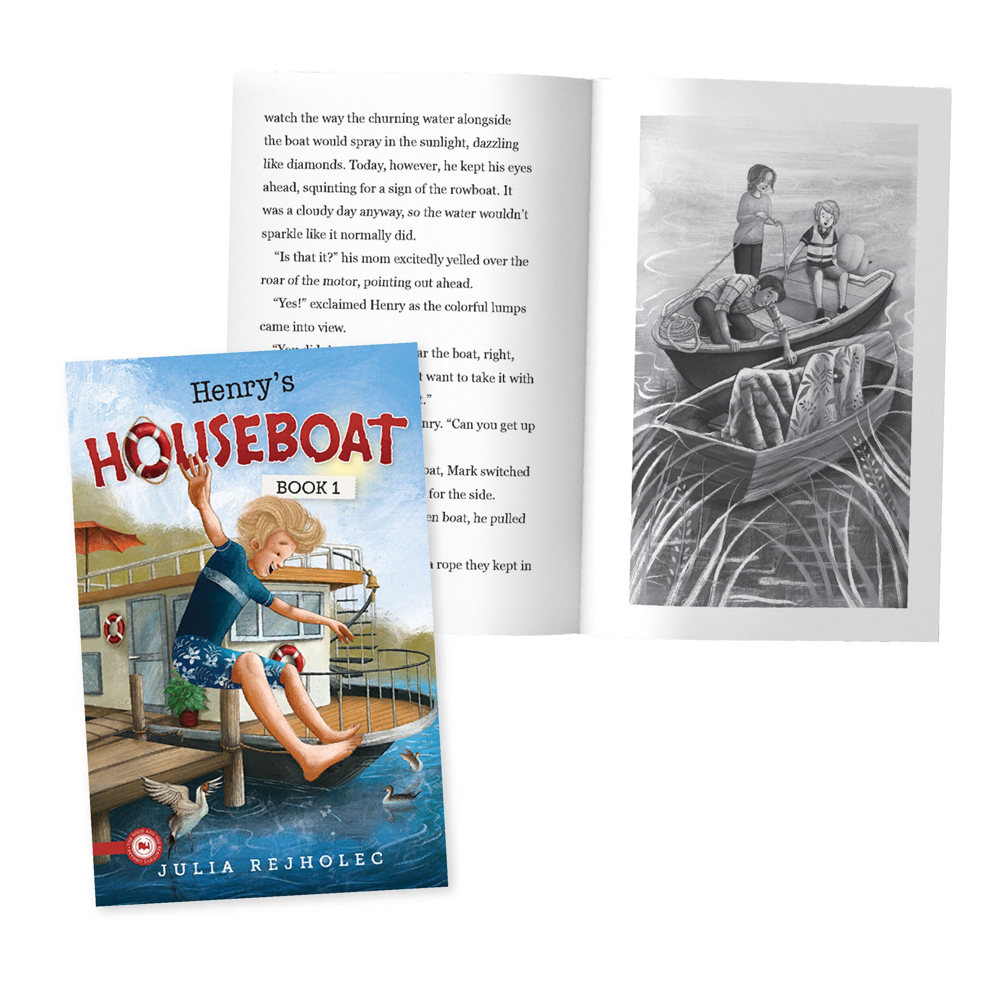 The cover of "Henry's Houseboat" book one by Julia Rejholec and a preview of inside pages | The Good and the Beautiful