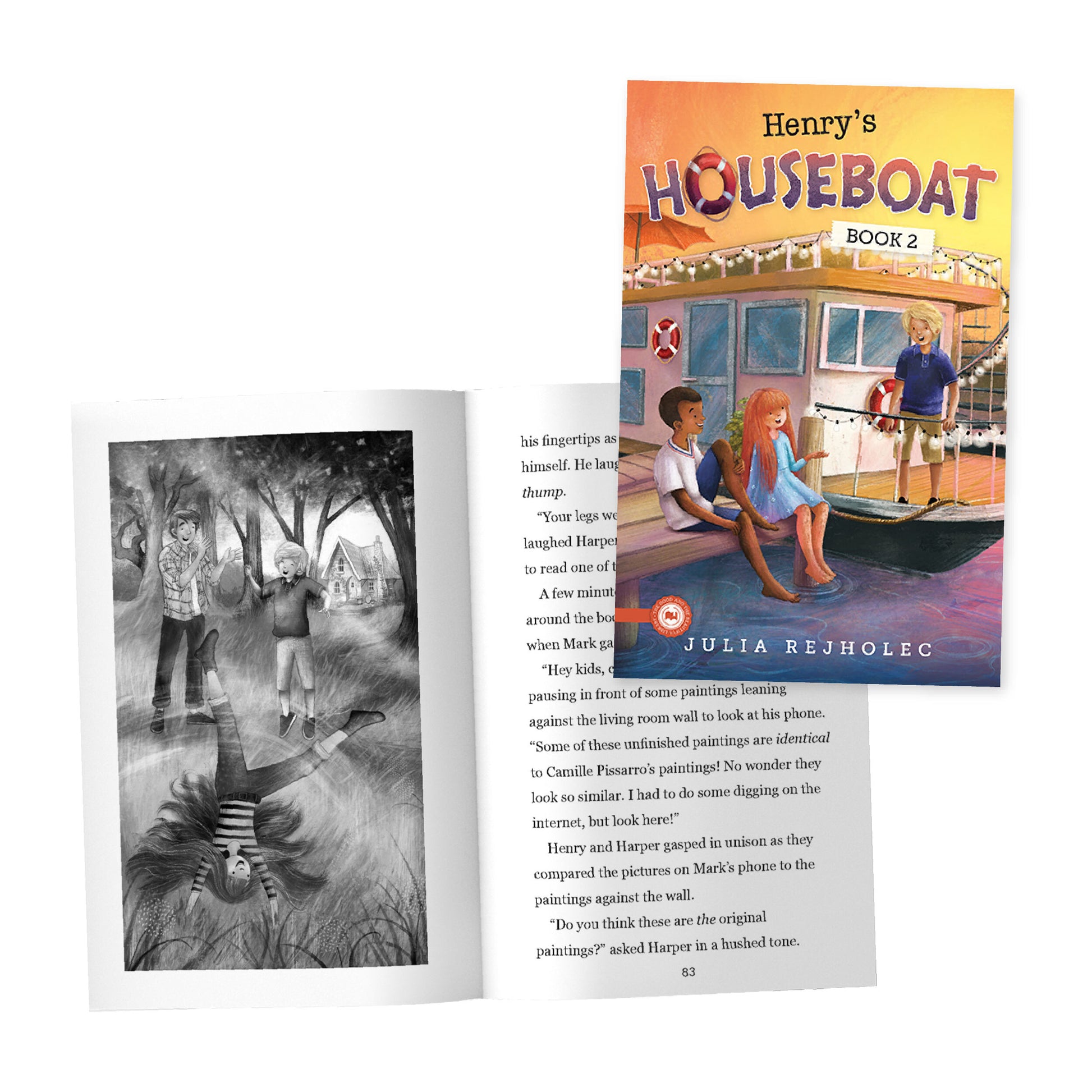 The cover of "Henry's Houseboat" book two by Julia Rejholec and a two-page preview | The Good and the Beautiful