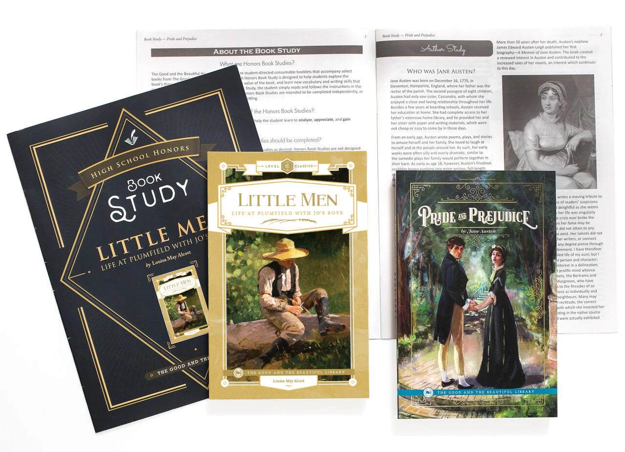 A collage of the Little Men High School book study book covers | The Good and the Beautiful