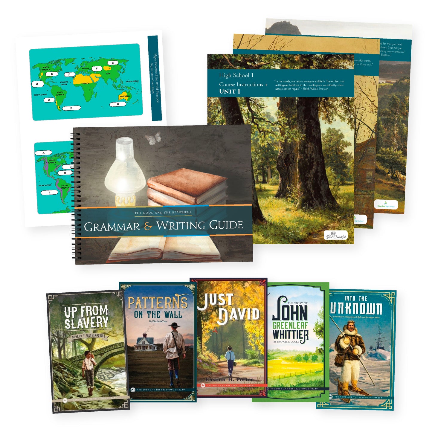 A collage of the high school level language arts course books from The Good and the Beautiful