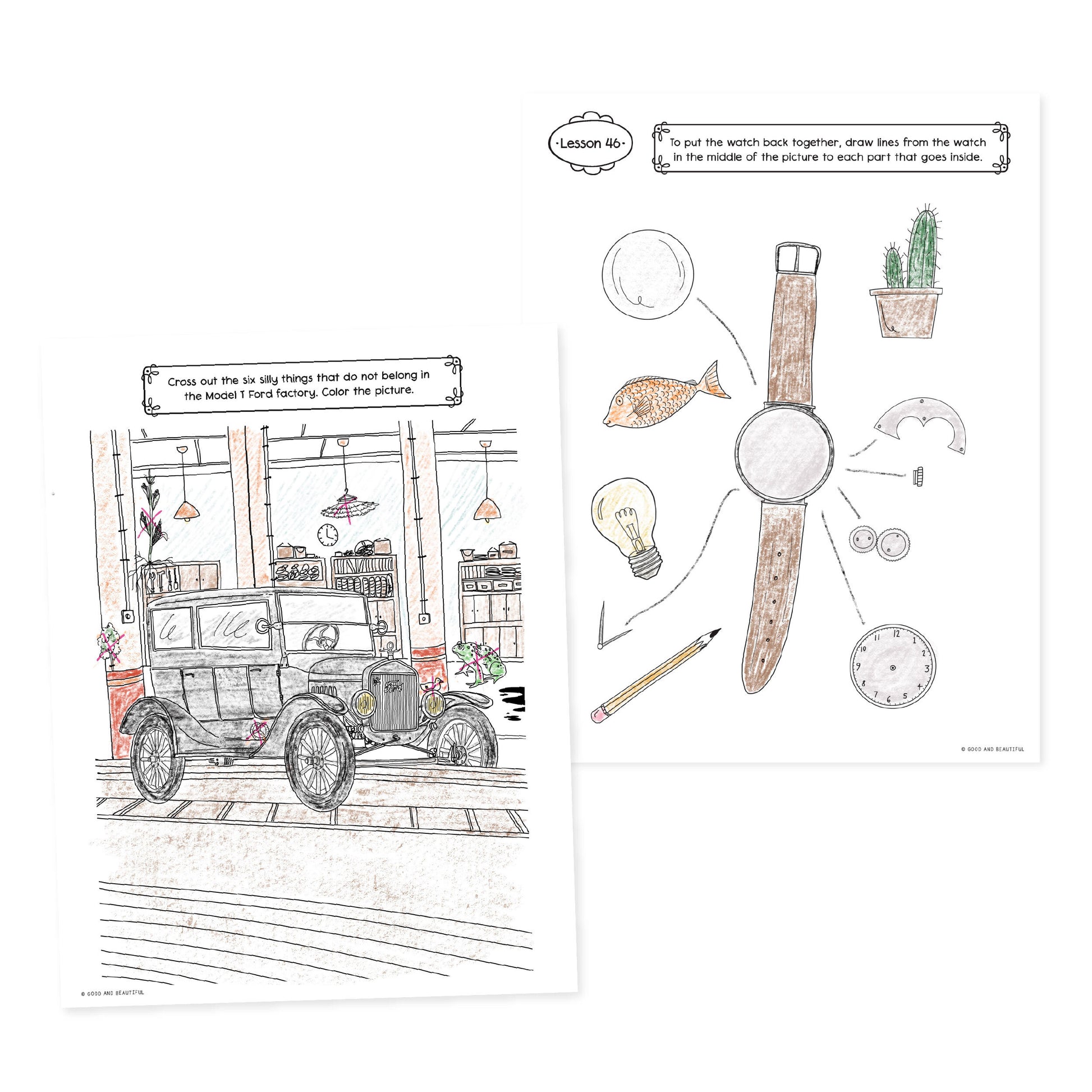 Activity pages of a clock and car in the History Year 2 Activity Book | The Good and the Beautiful